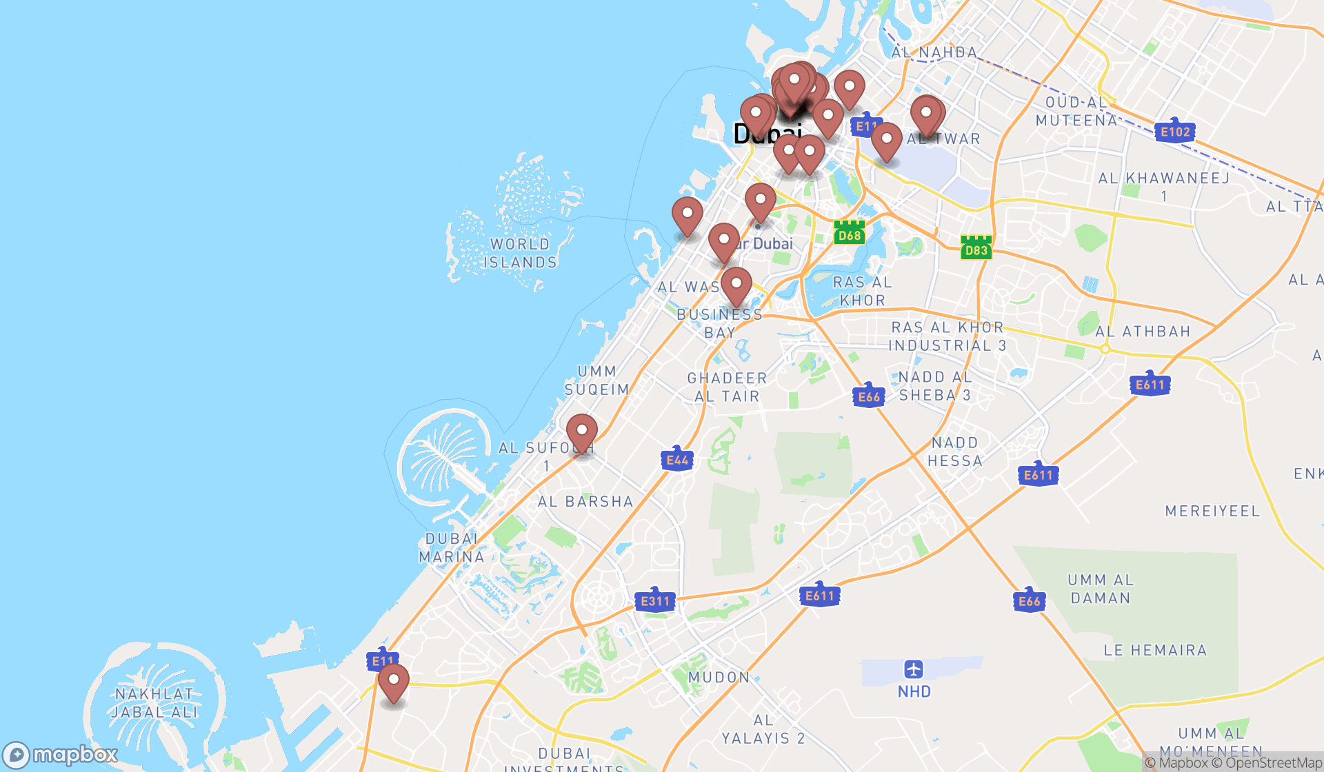 Map showing the search results in Dubai