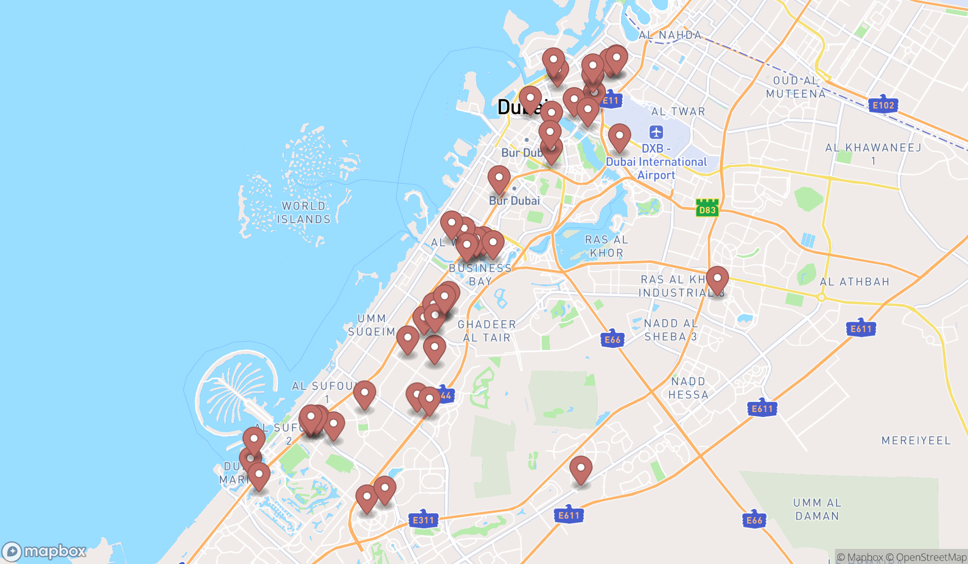 Map showing the search results in Dubai
