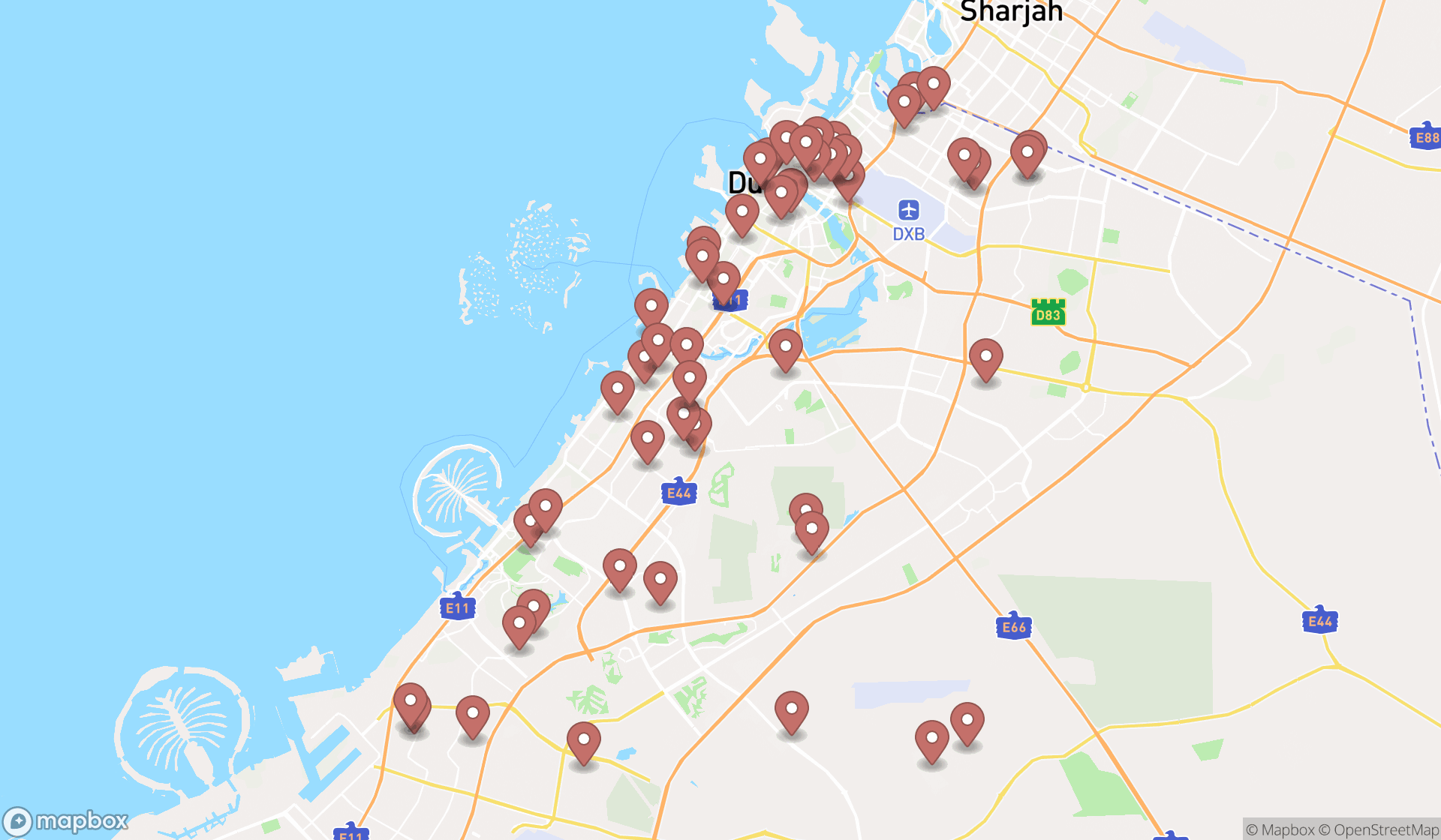 Map showing the search results in Dubai