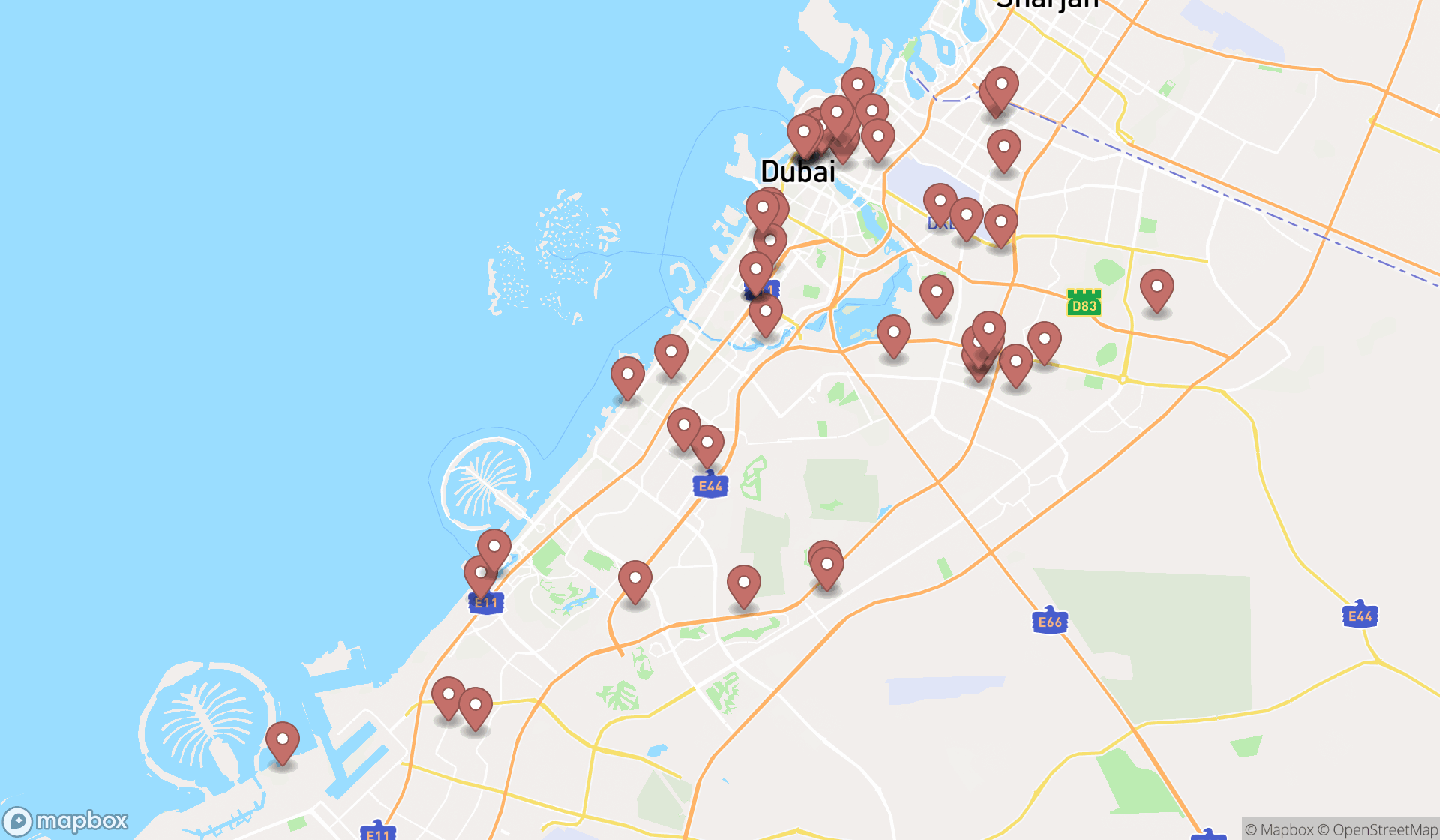 Map showing the search results in Dubai