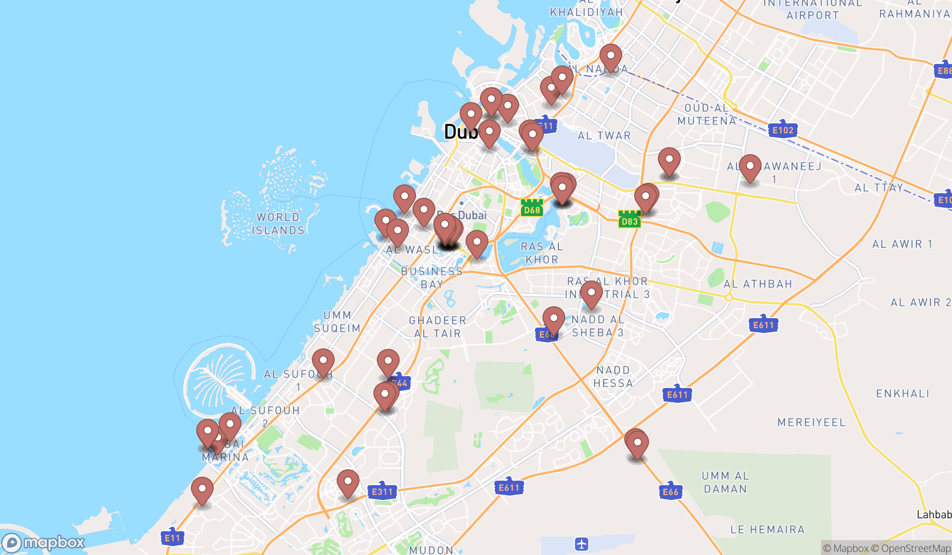 Map showing the search results in Dubai