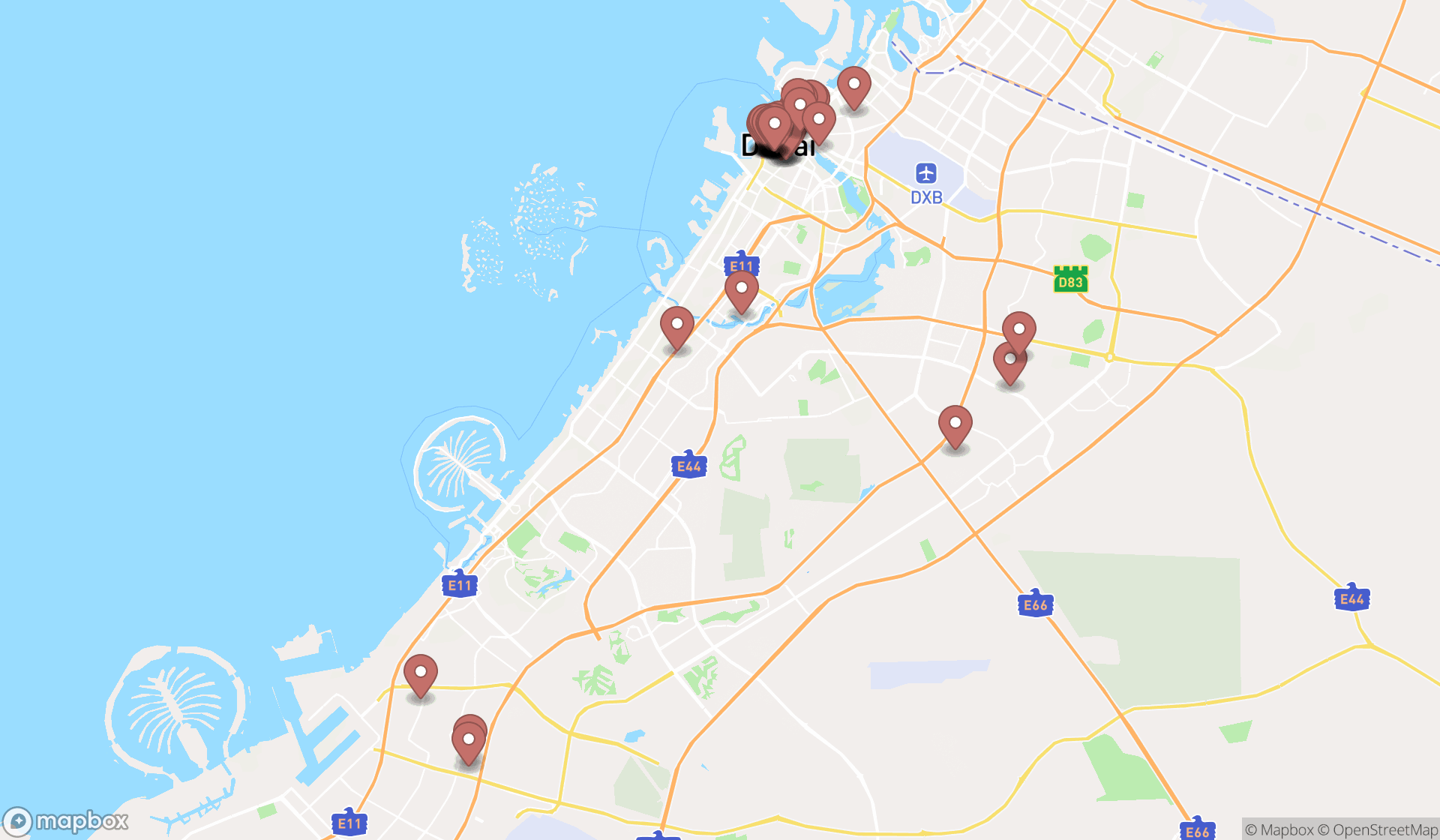 Map showing the search results in Dubai