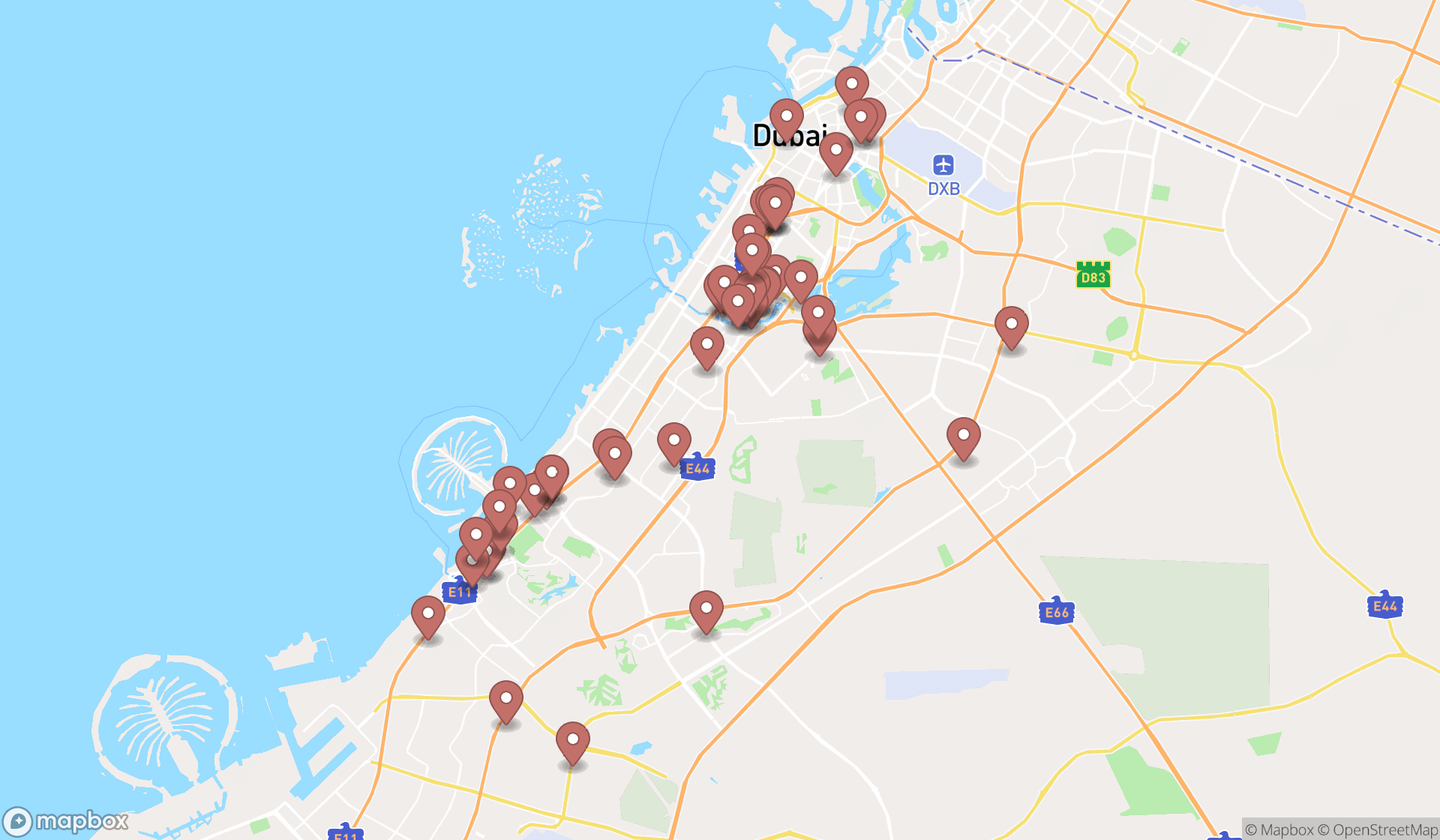 Map showing the search results in Dubai