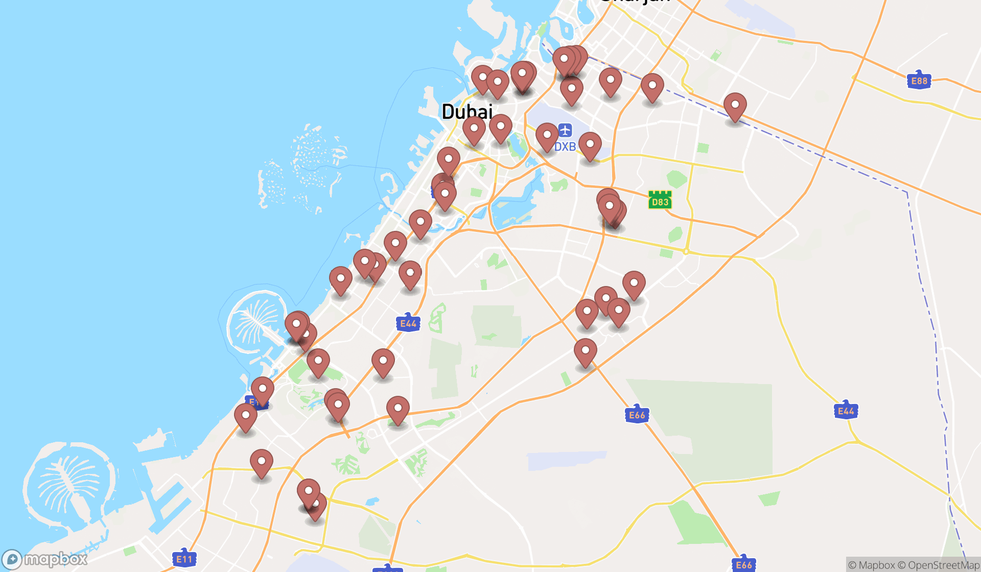 Map showing the search results in Dubai