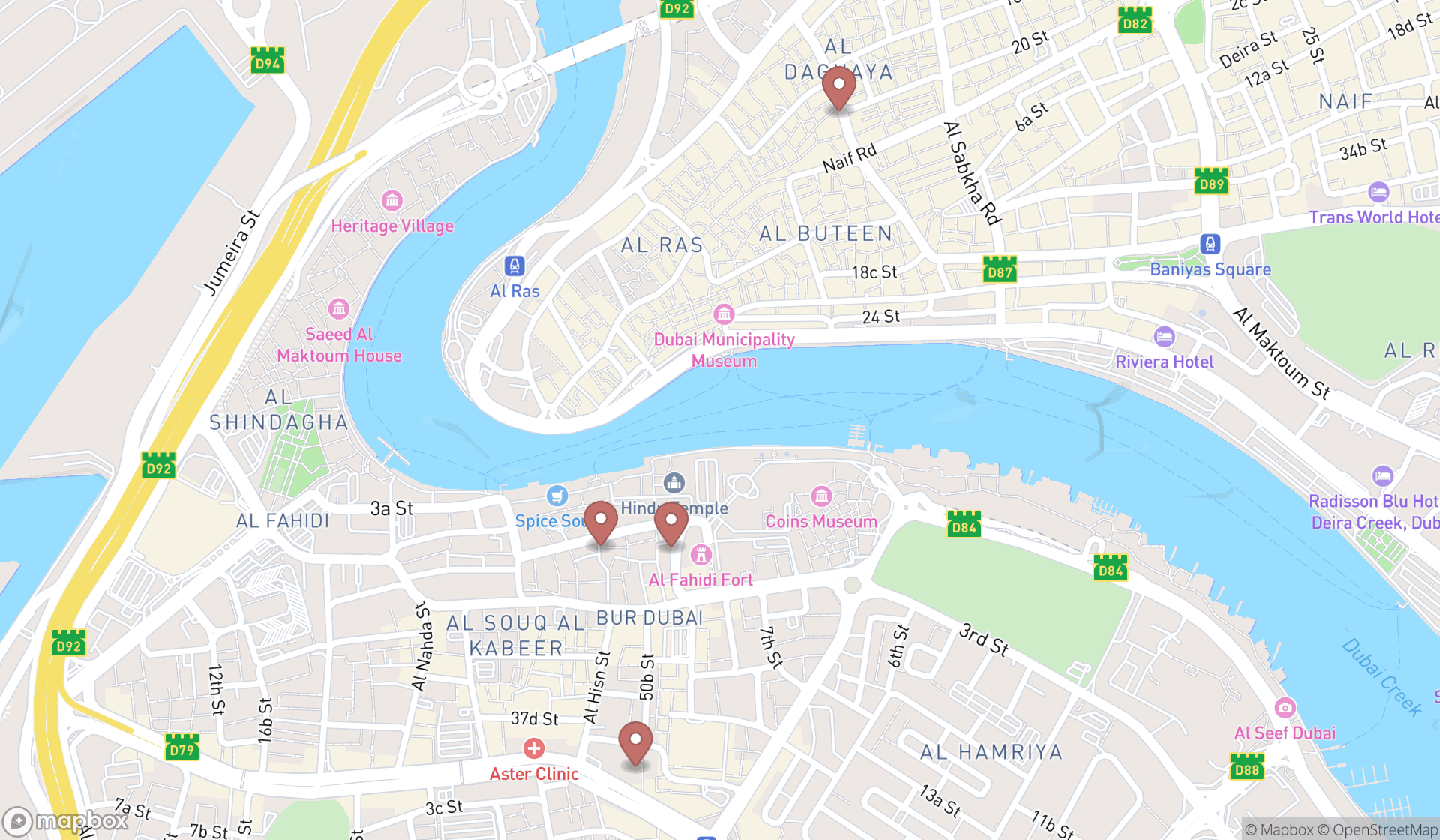 Map showing the search results in Dubai