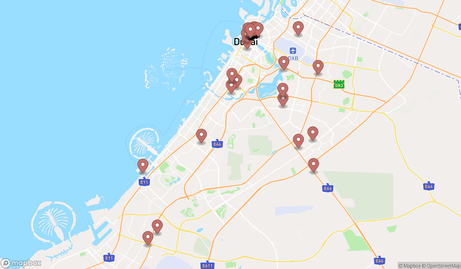 Map showing the search results in Dubai