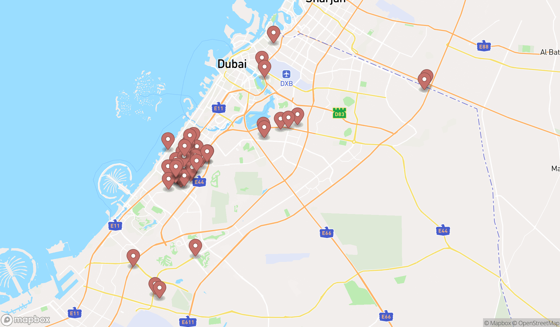 Map showing the search results in Dubai