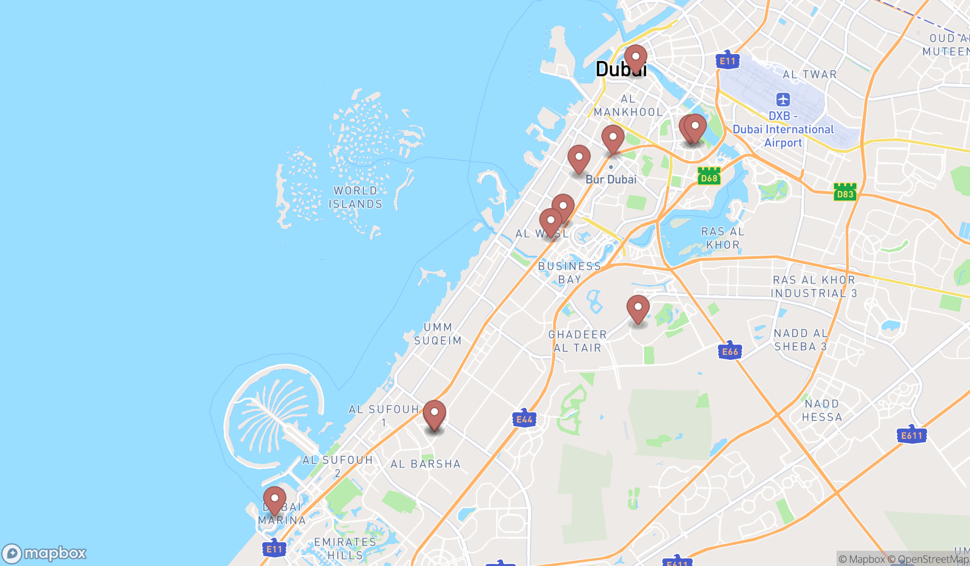Map showing the search results in Dubai