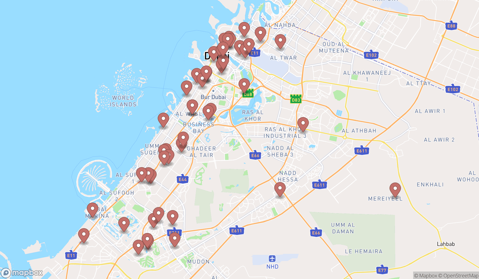 Map showing the search results in Dubai