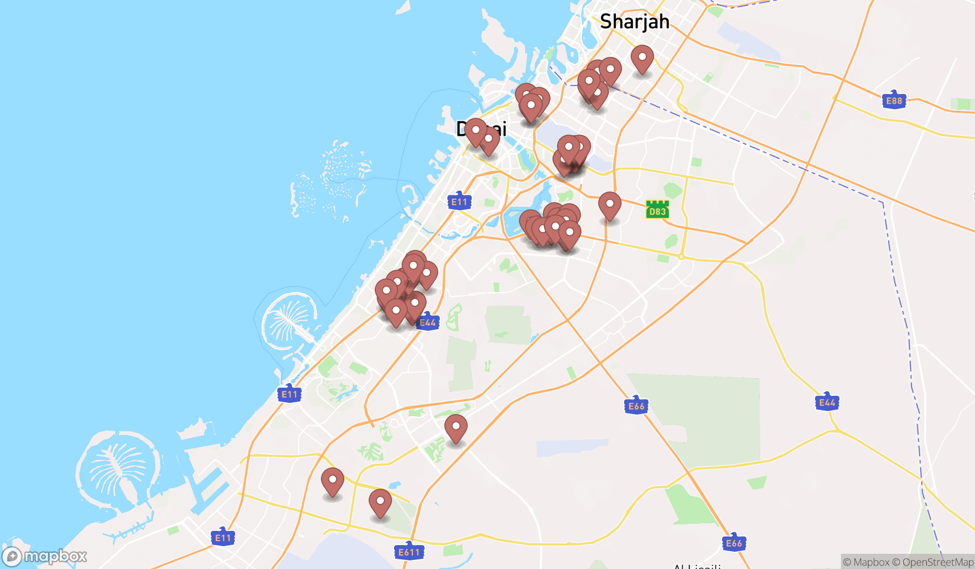 Map showing the search results in Dubai
