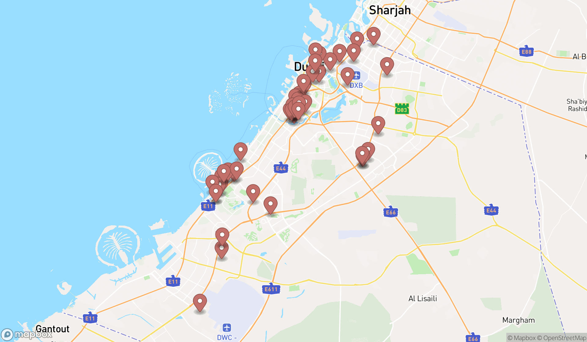 Map showing the search results in Dubai