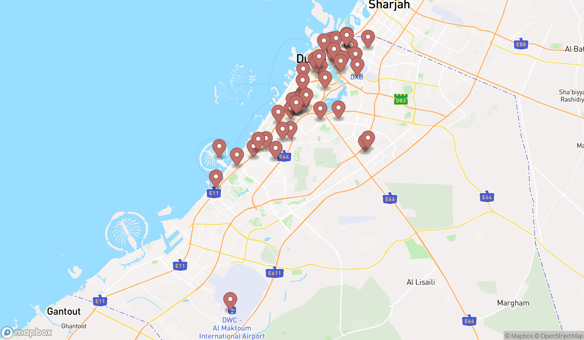 Map showing the search results in Dubai