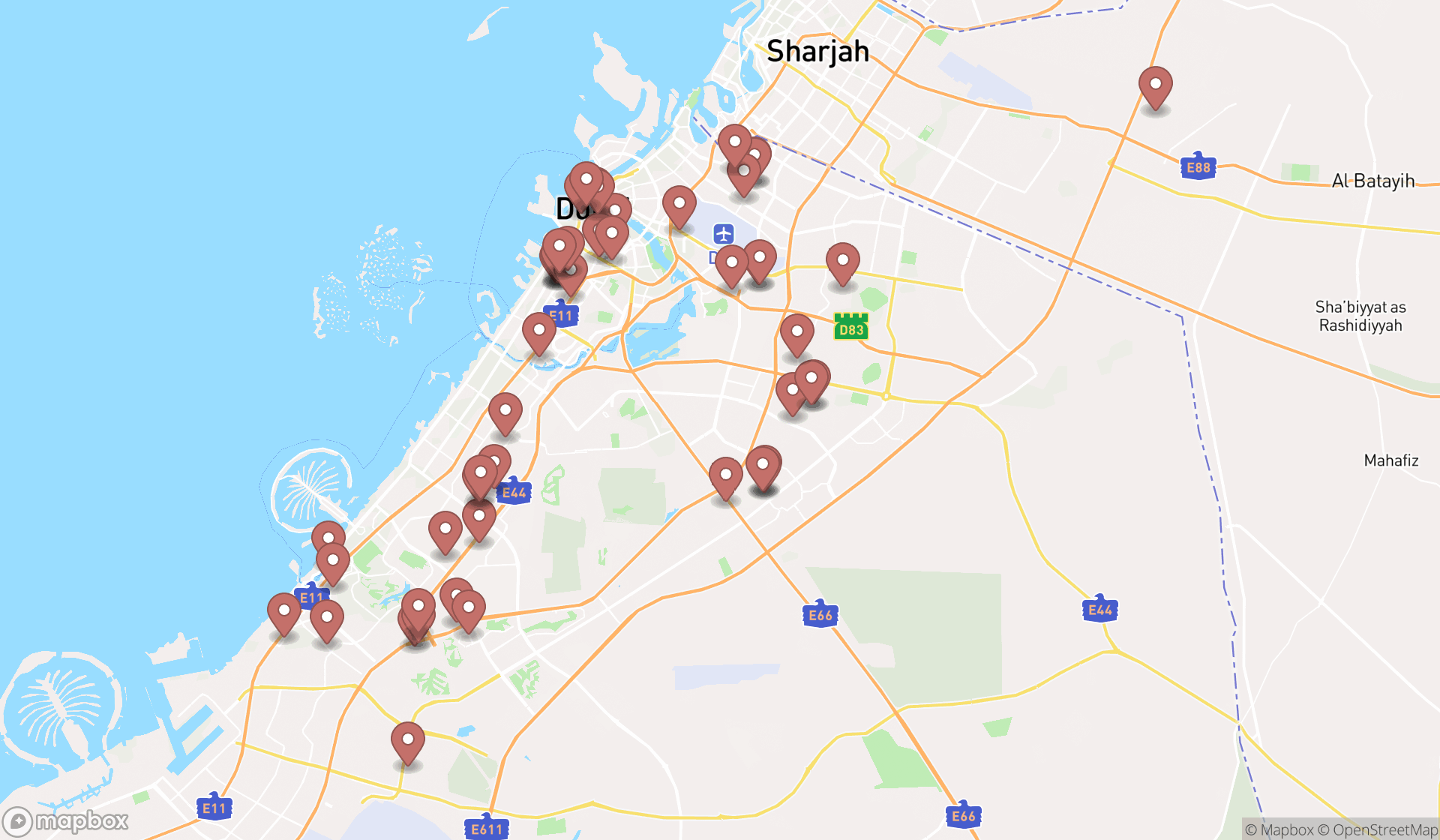 Map showing the search results in Dubai