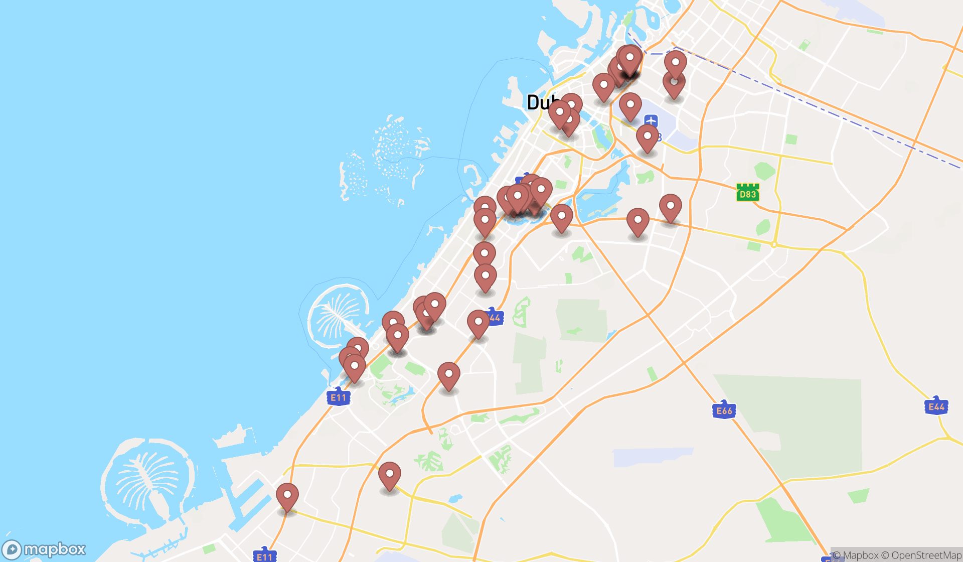 Map showing the search results in Dubai