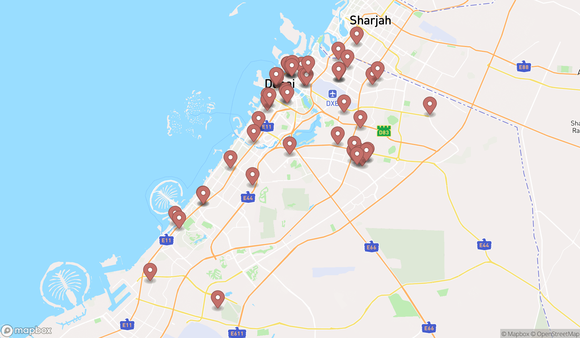 Map showing the search results in Dubai