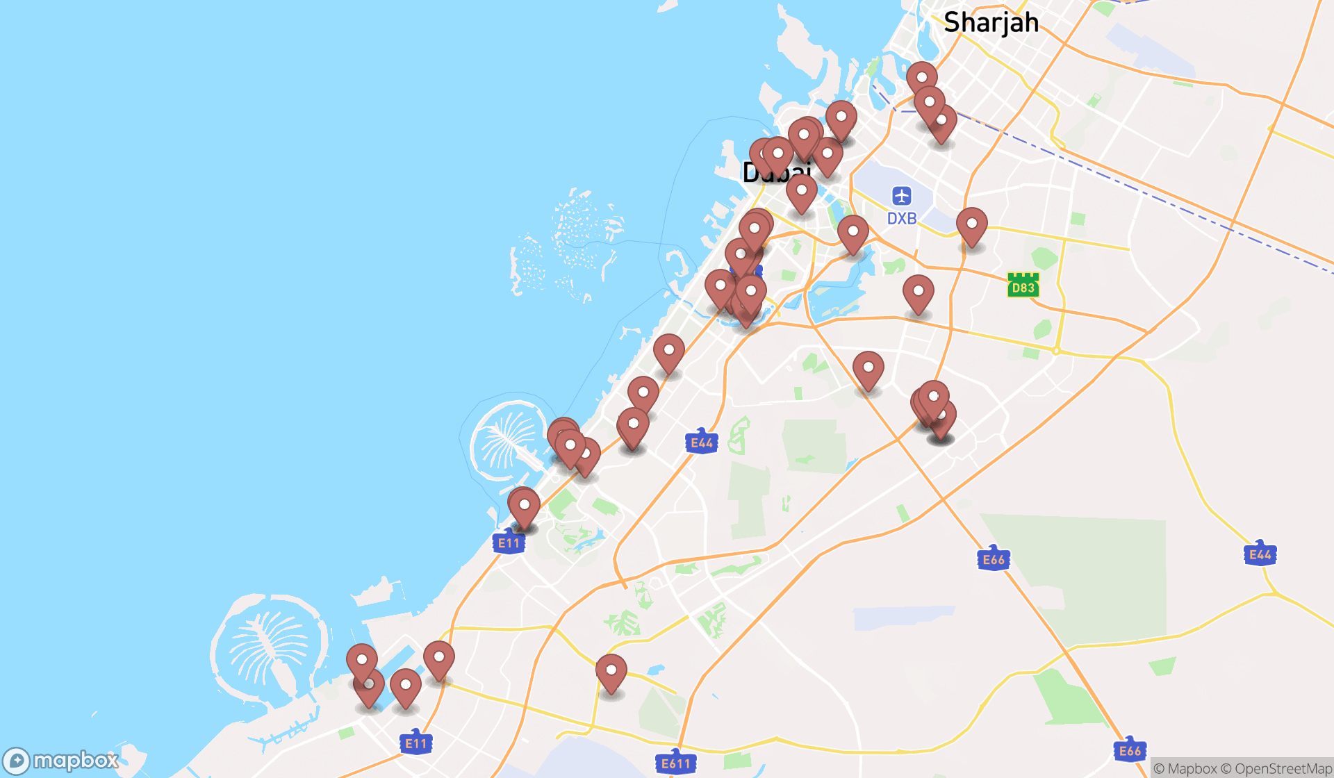 Map showing the search results in Dubai