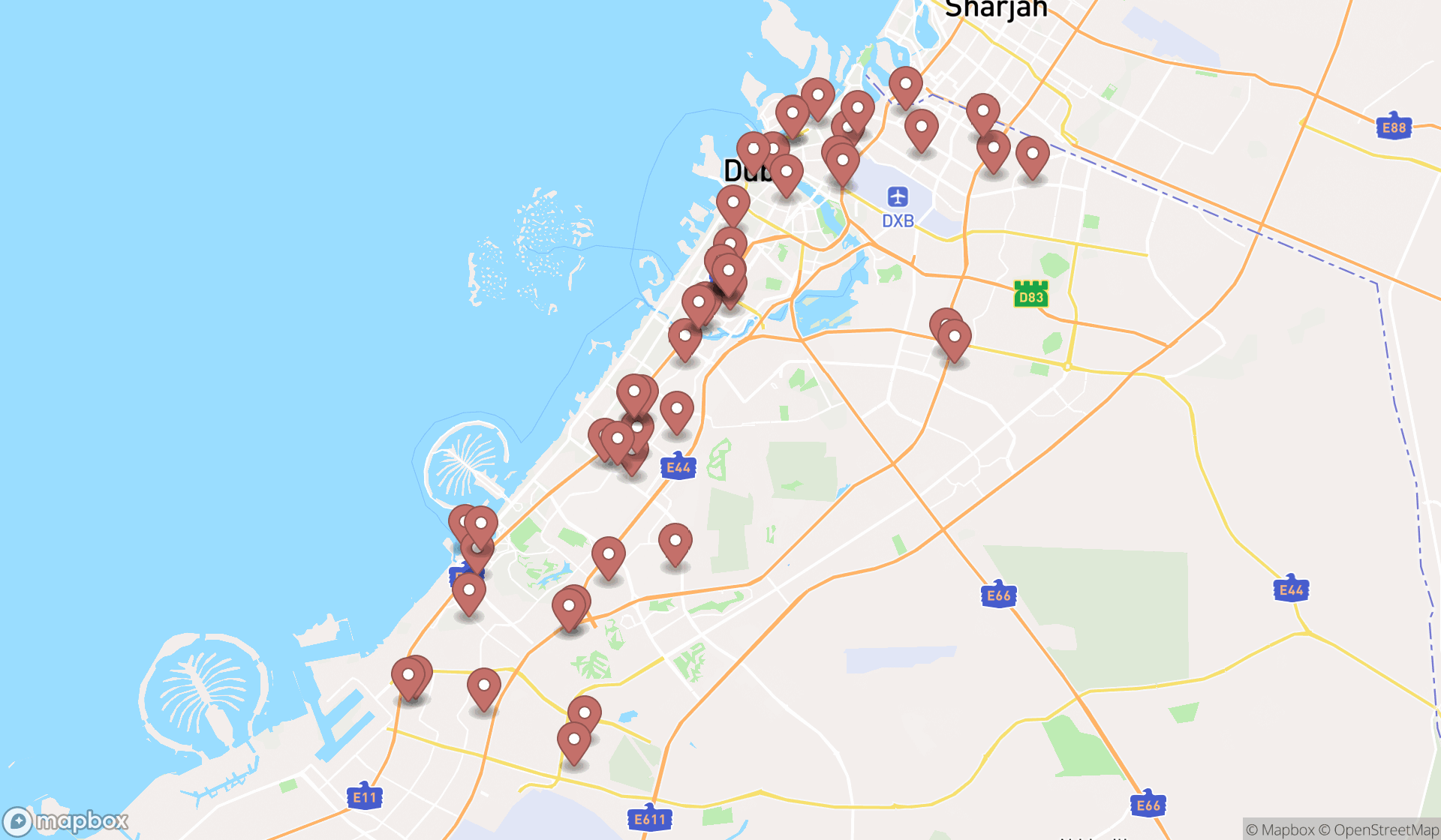 Map showing the search results in Dubai
