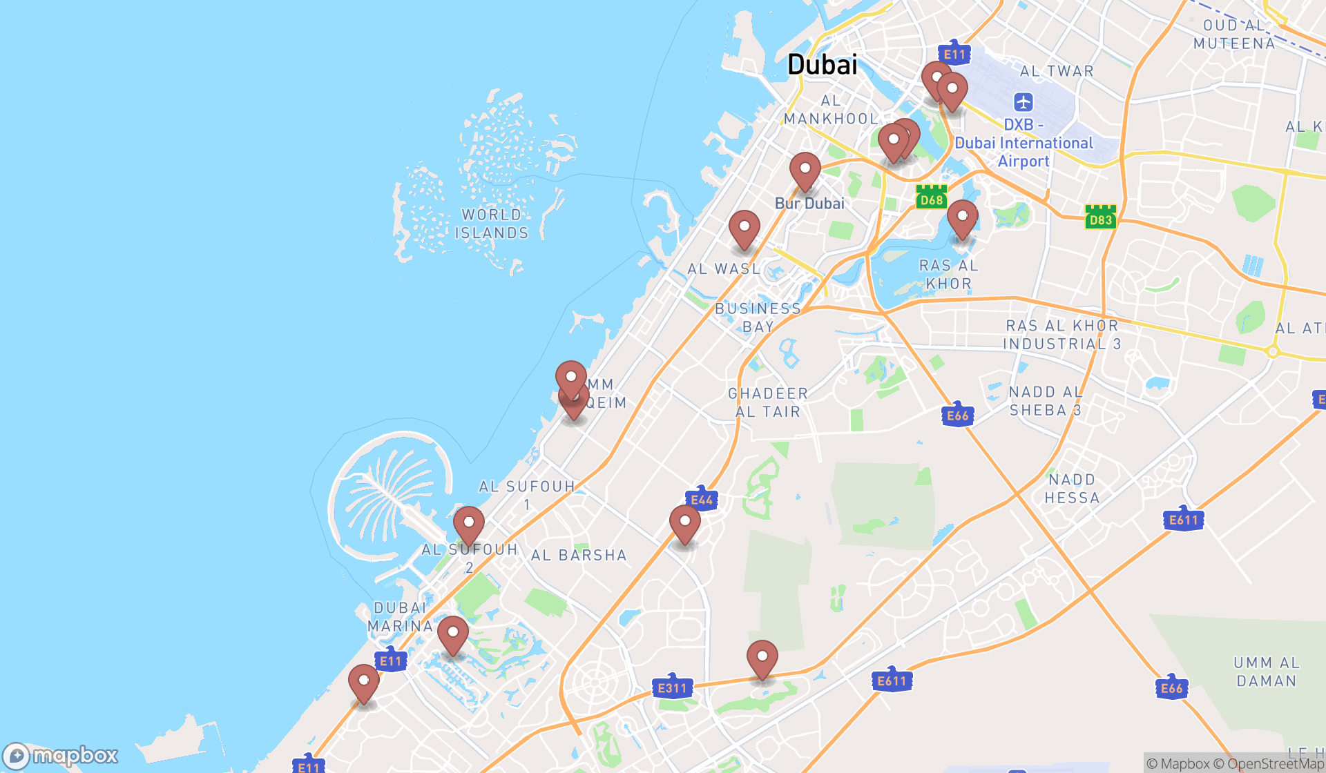 Map showing the search results in Dubai