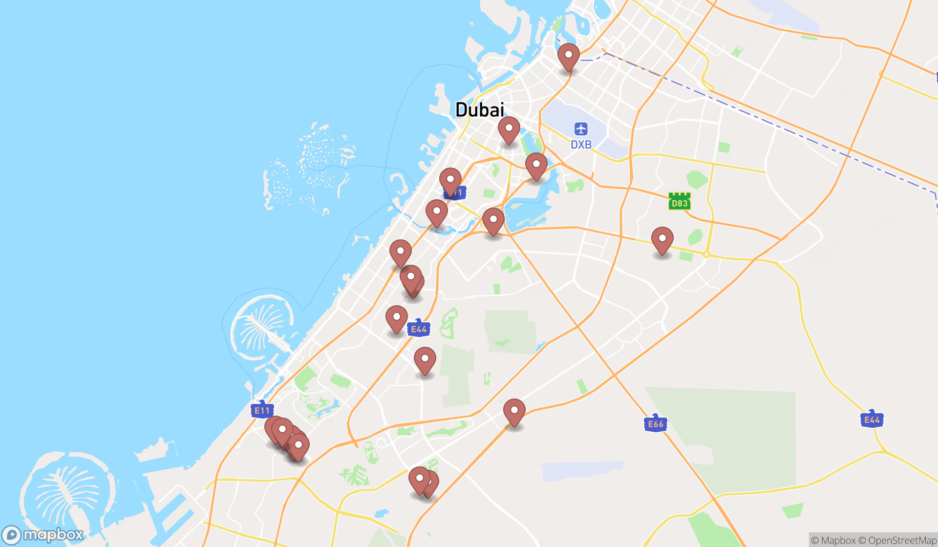 Map showing the search results in Dubai
