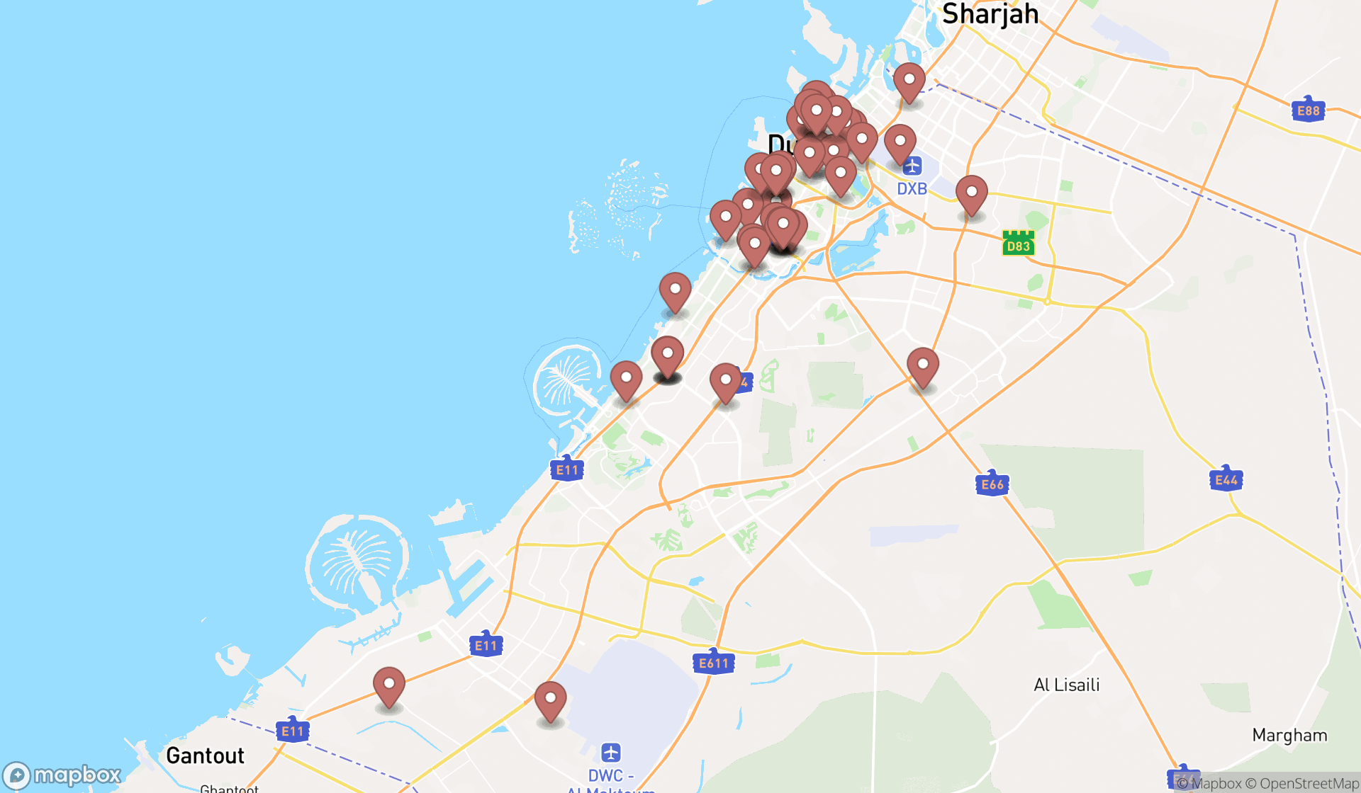 Map showing the search results in Dubai