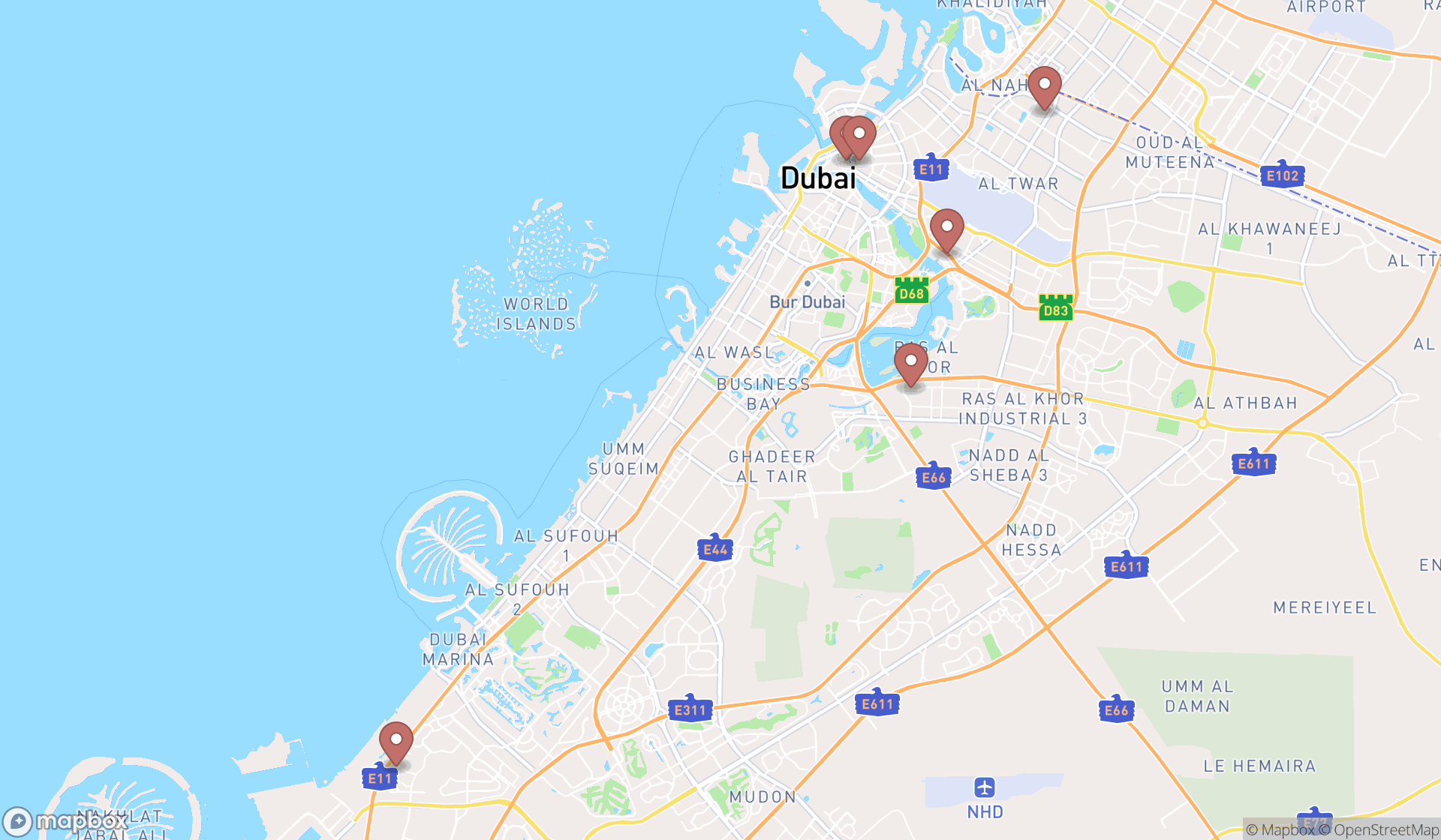 Map showing the search results in Dubai