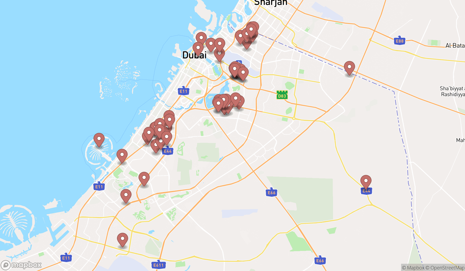 Map showing the search results in Dubai