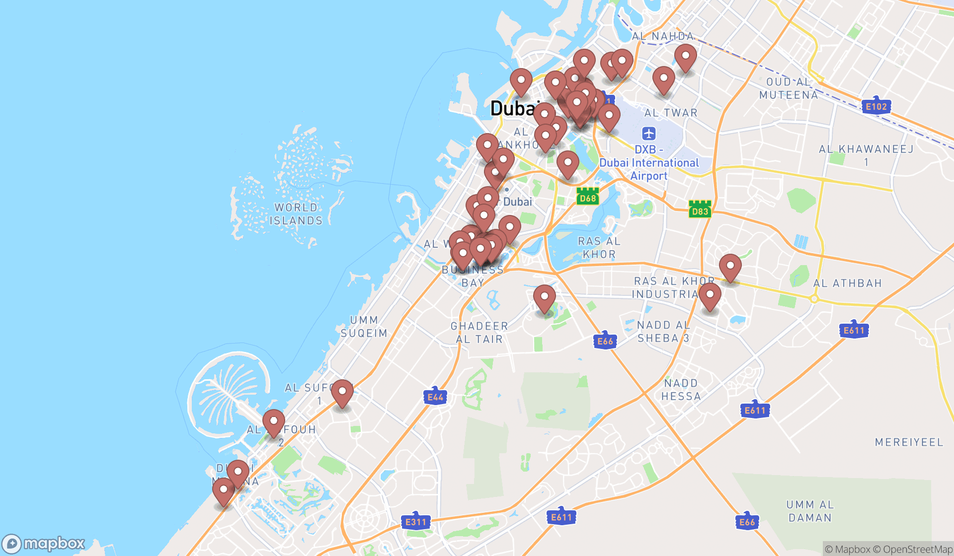 Map showing the search results in Dubai