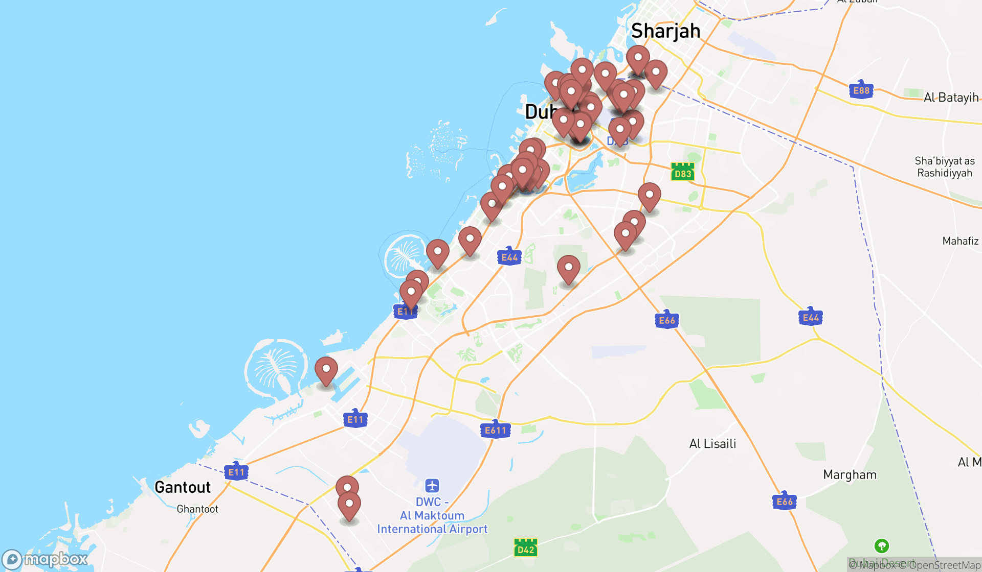 Map showing the search results in Dubai