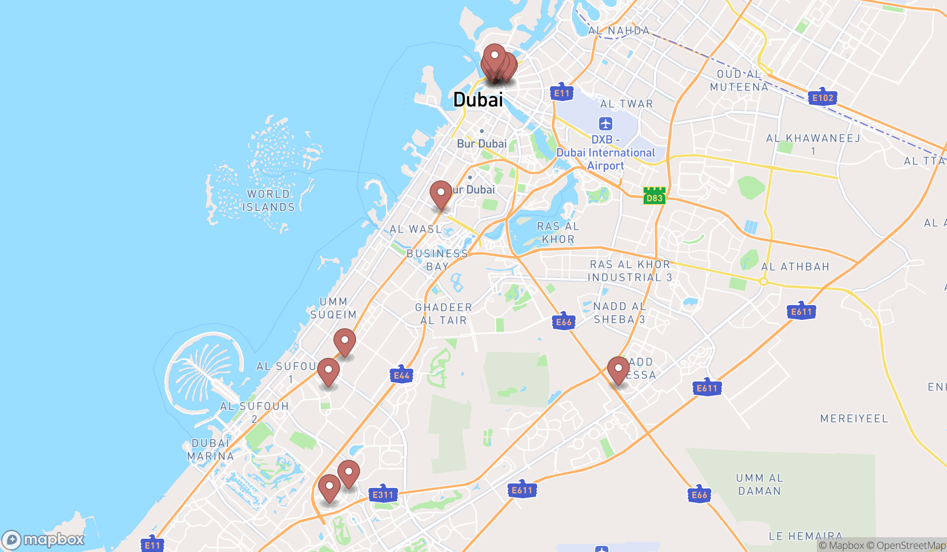 Map showing the search results in Dubai