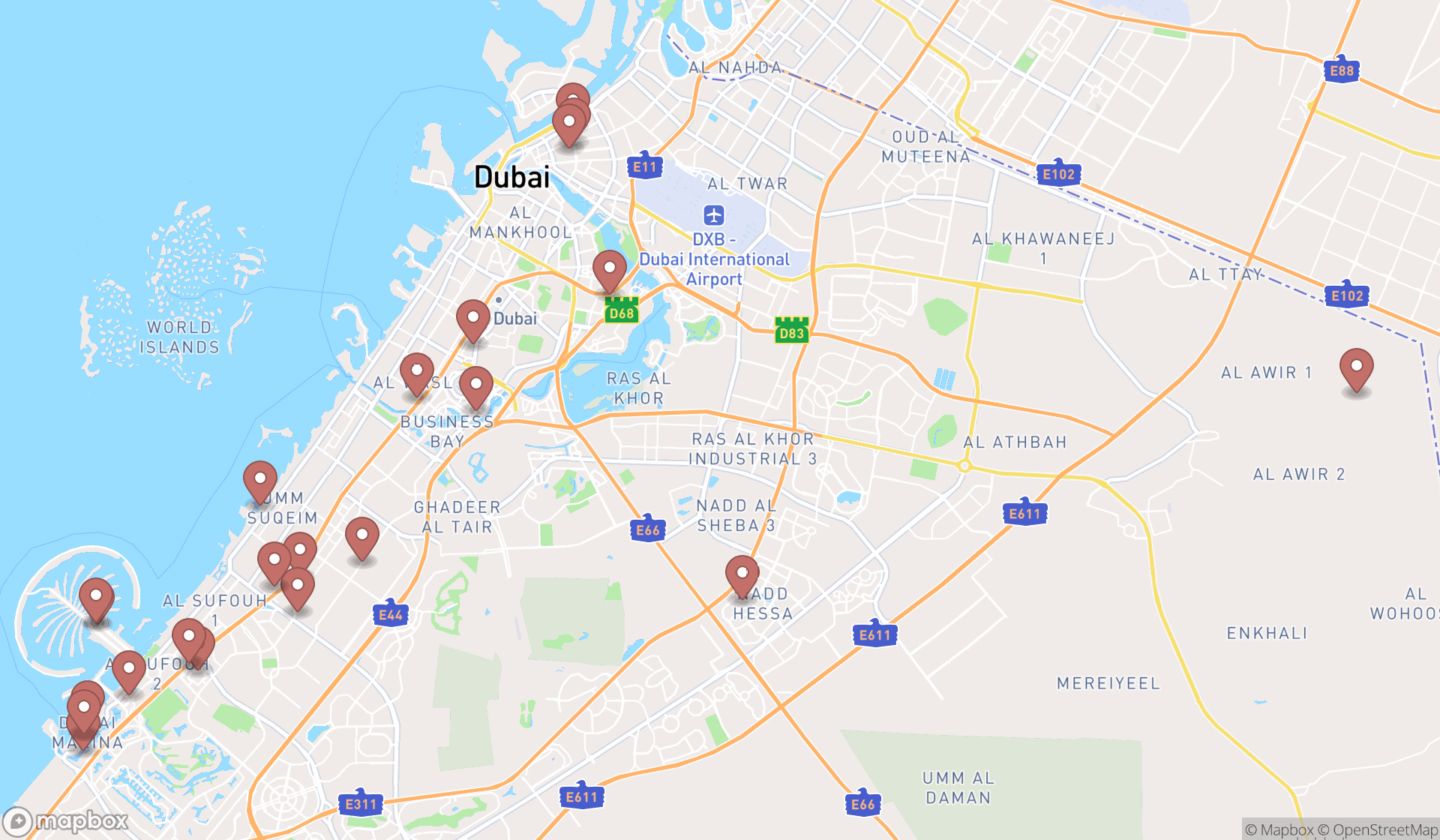 Map showing the search results in Dubai