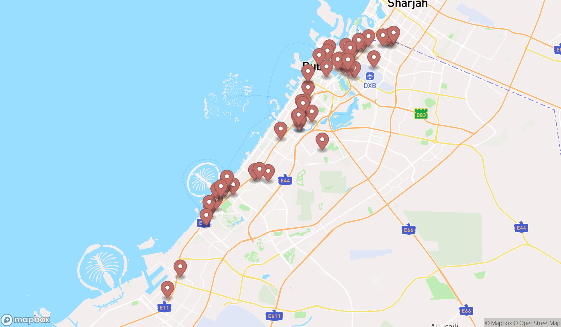 Map showing the search results in Dubai