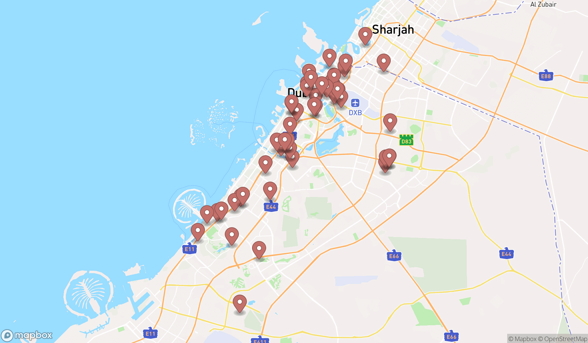 Map showing the search results in Dubai