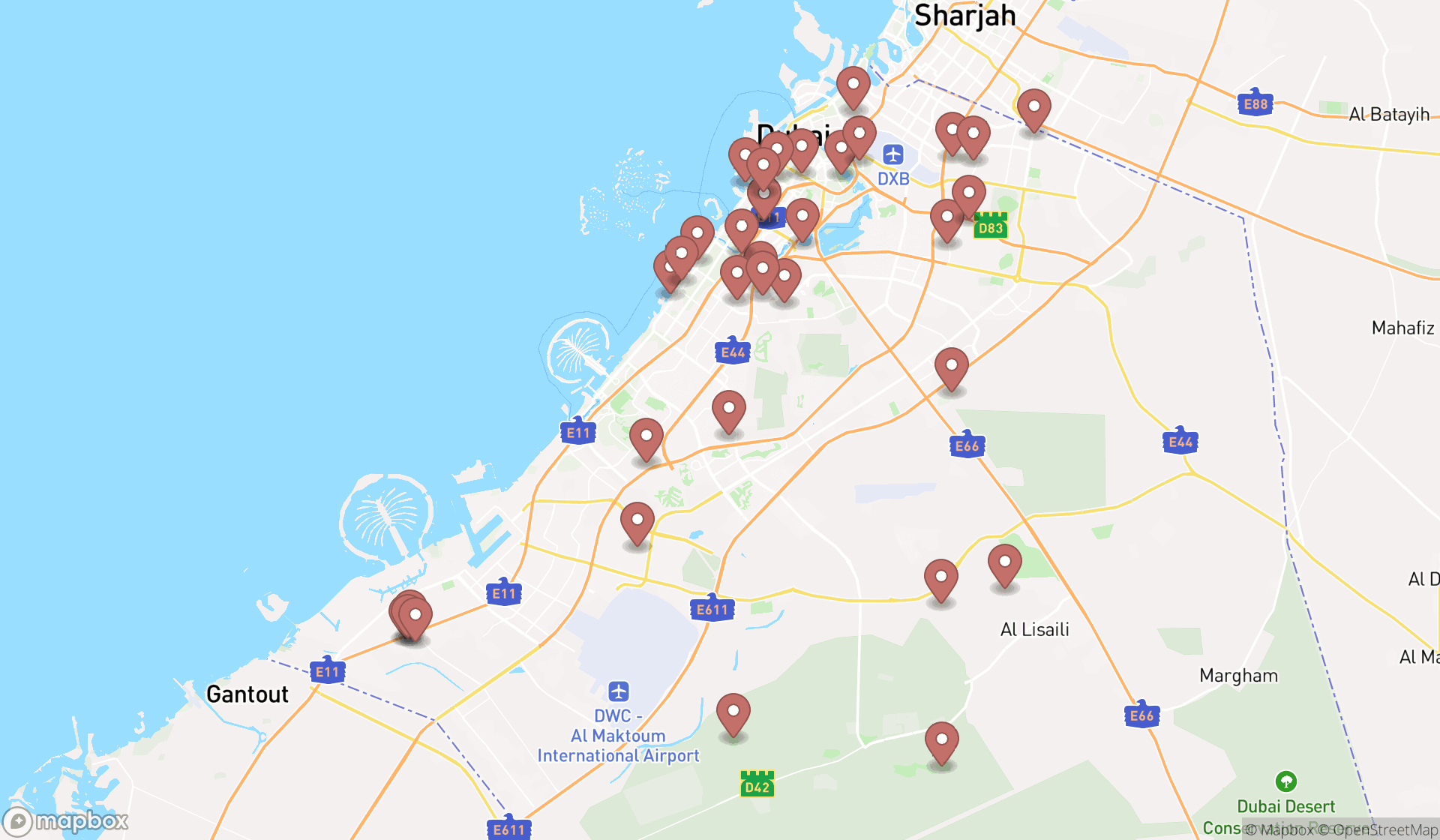 Map showing the search results in Dubai