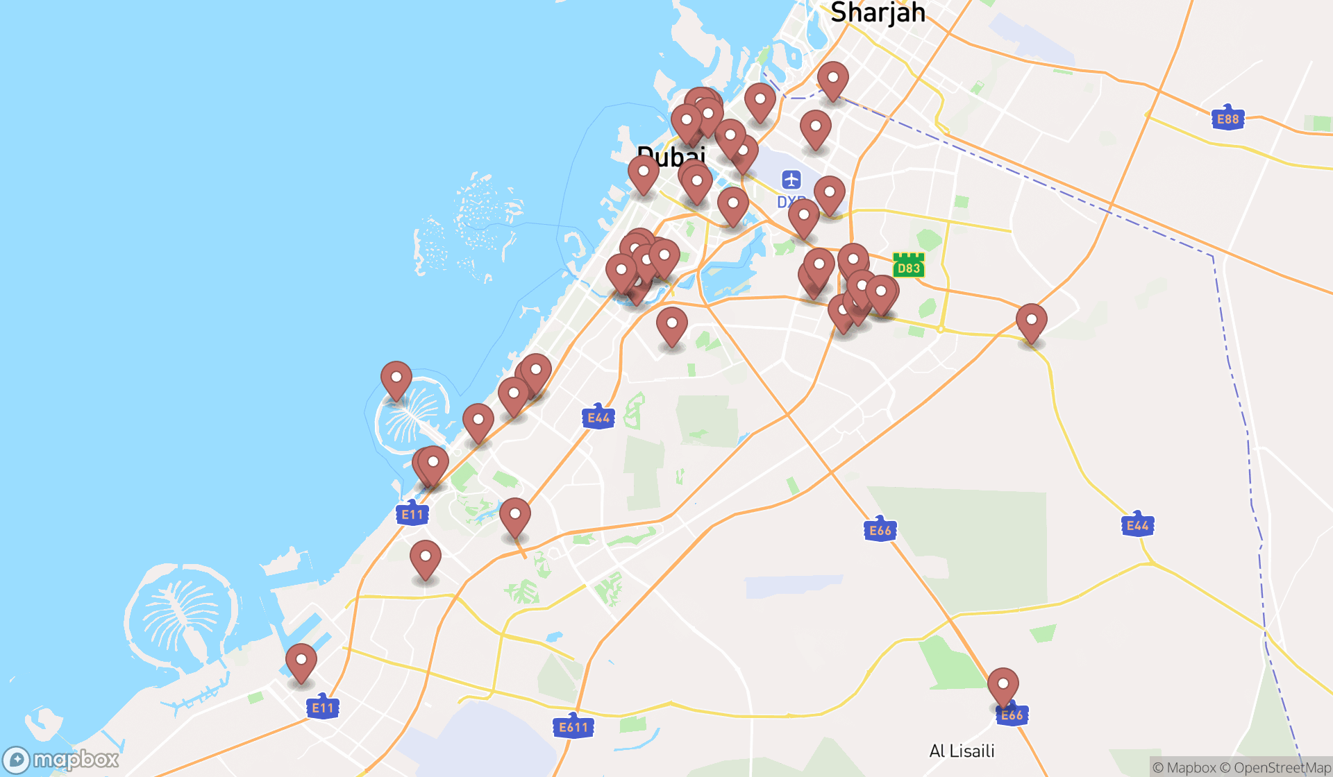 Map showing the search results in Dubai