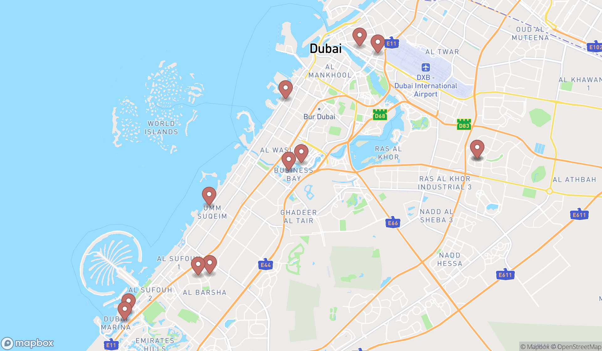 Map showing the search results in Dubai
