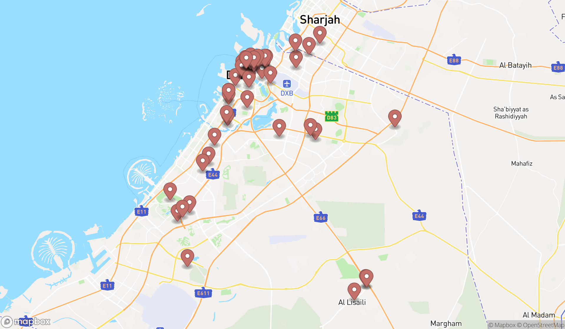 Map showing the search results in Dubai