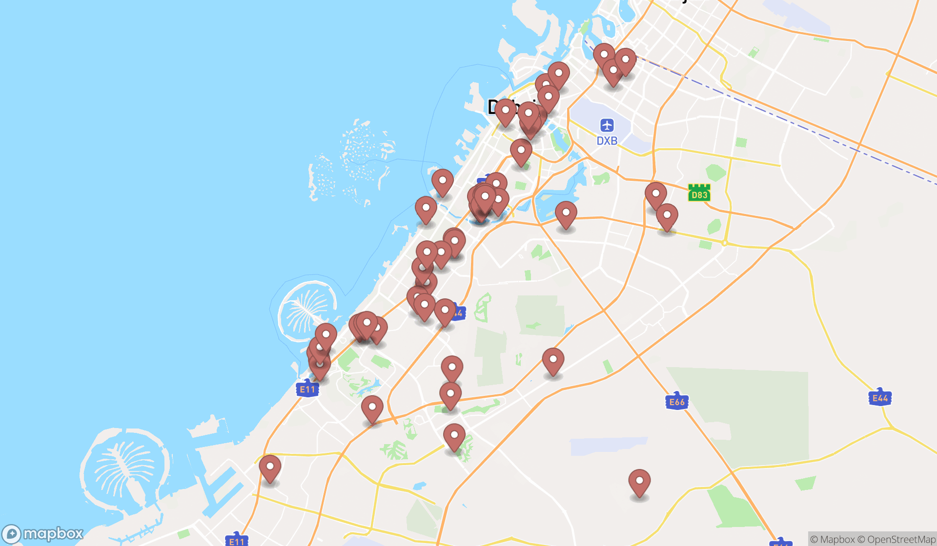 Map showing the search results in Dubai
