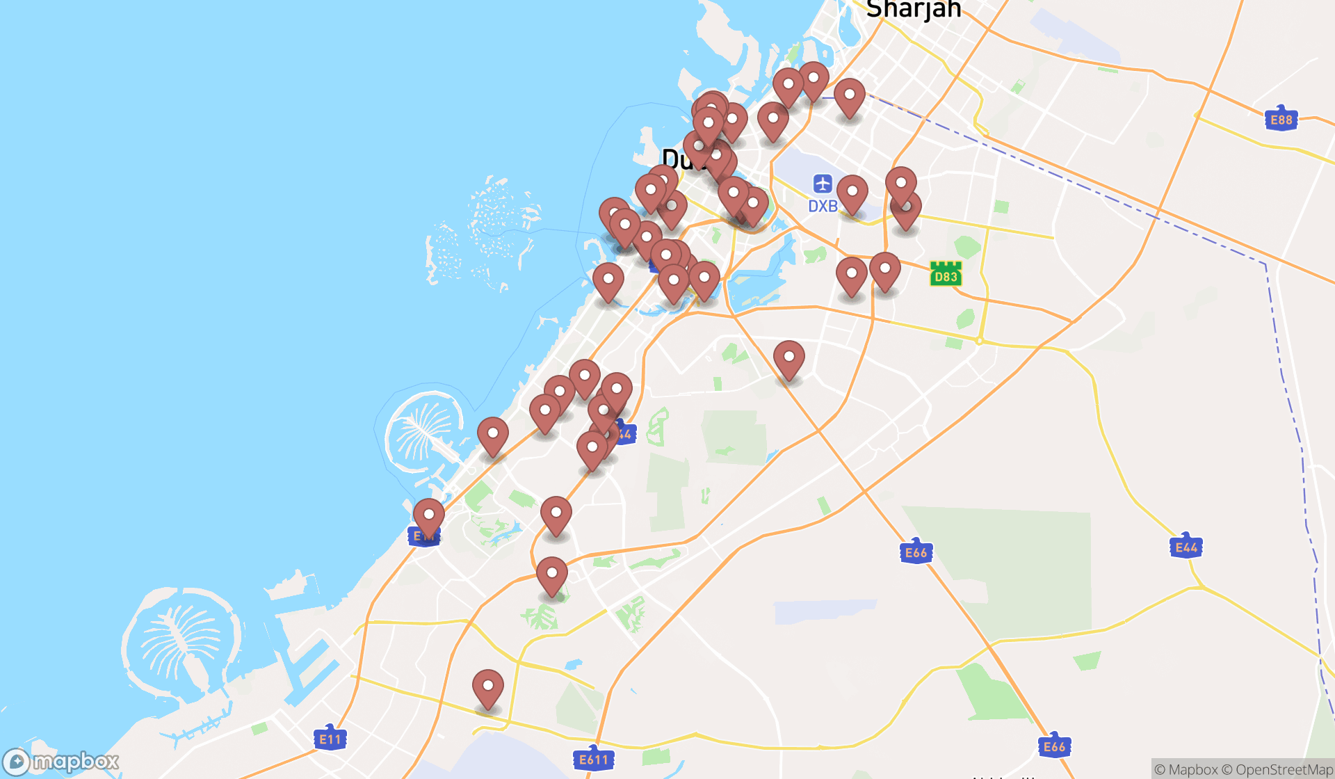 Map showing the search results in Dubai