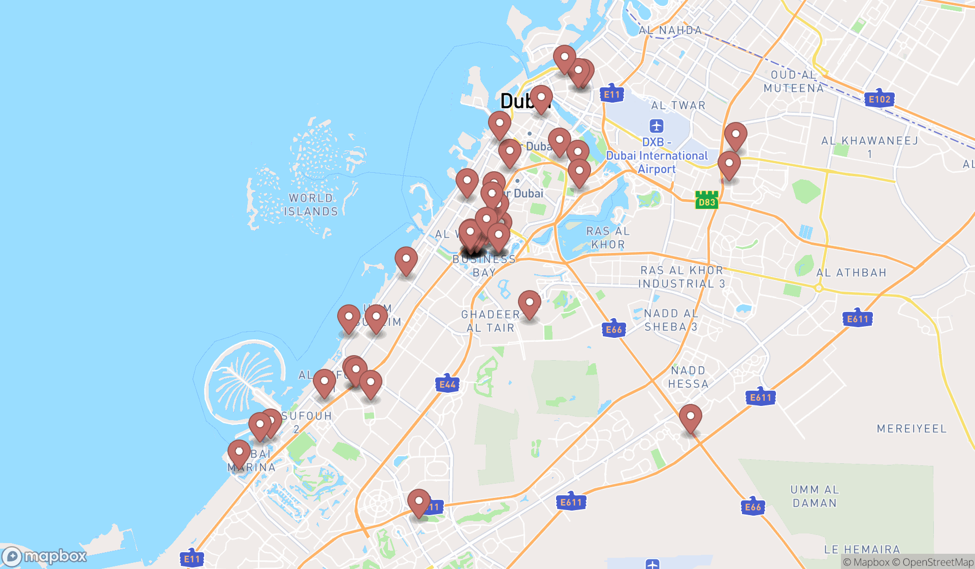 Map showing the search results in Dubai