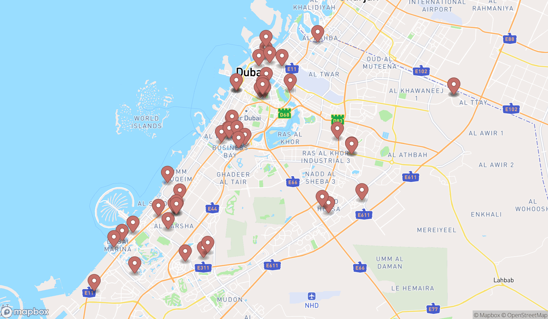 Map showing the search results in Dubai