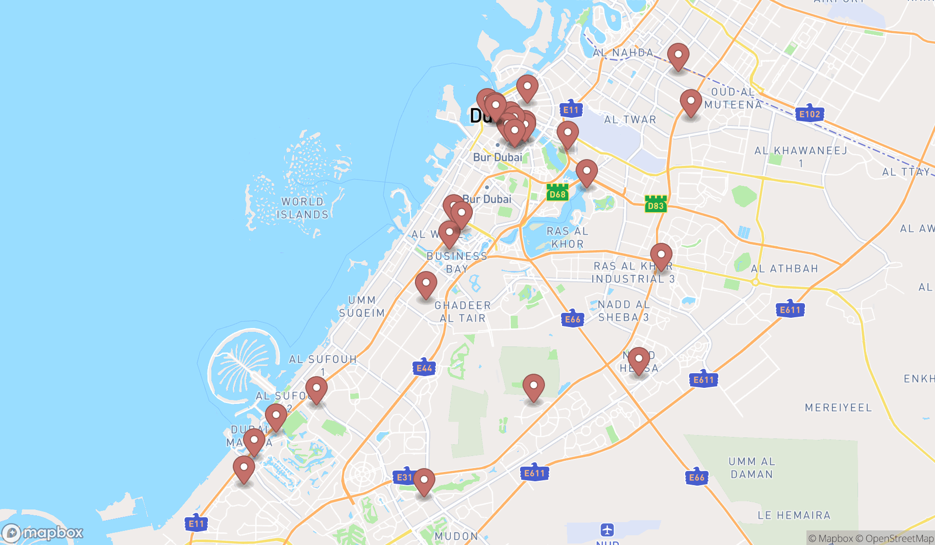 Map showing the search results in Dubai