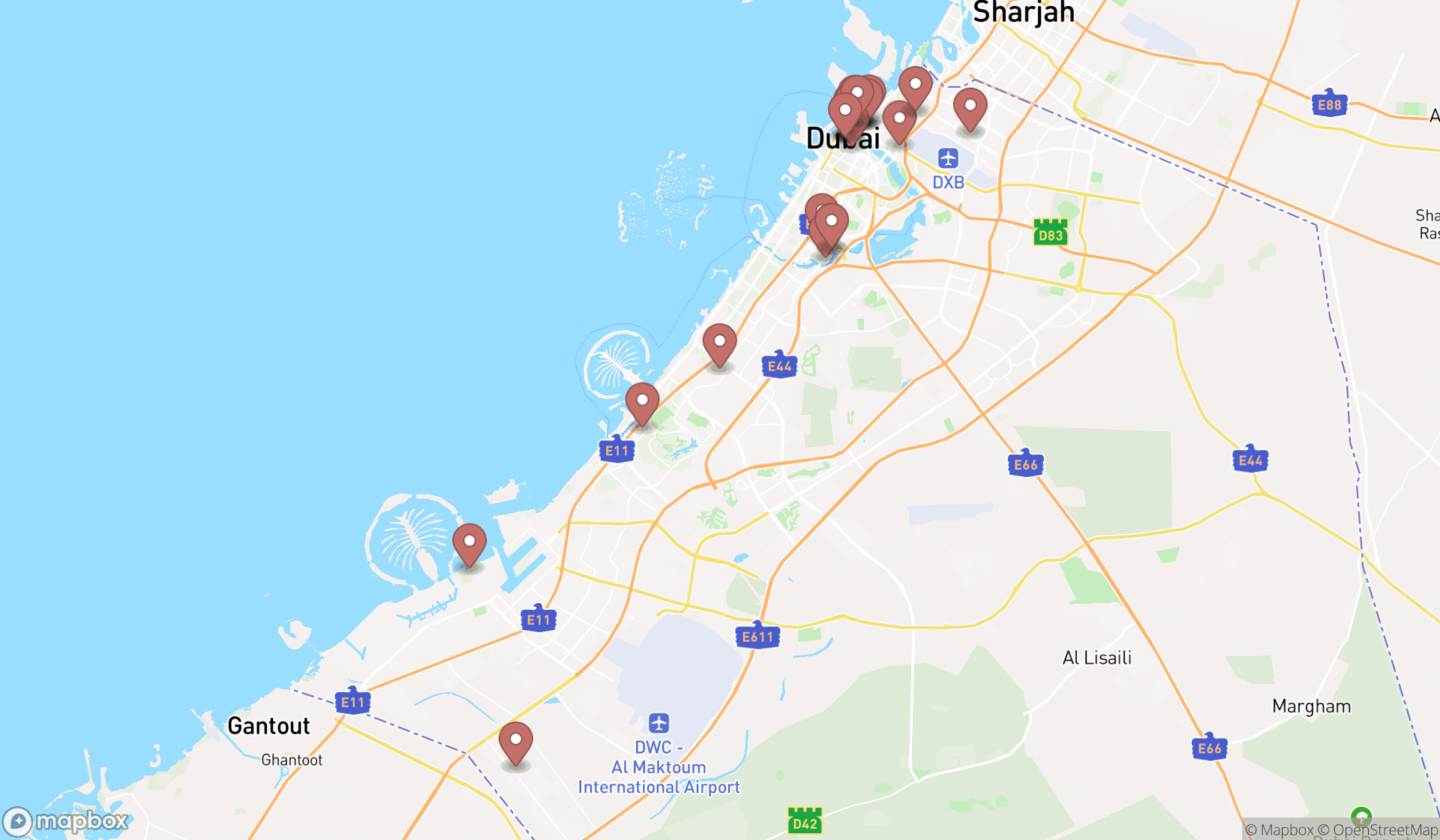 Map showing the search results in Dubai