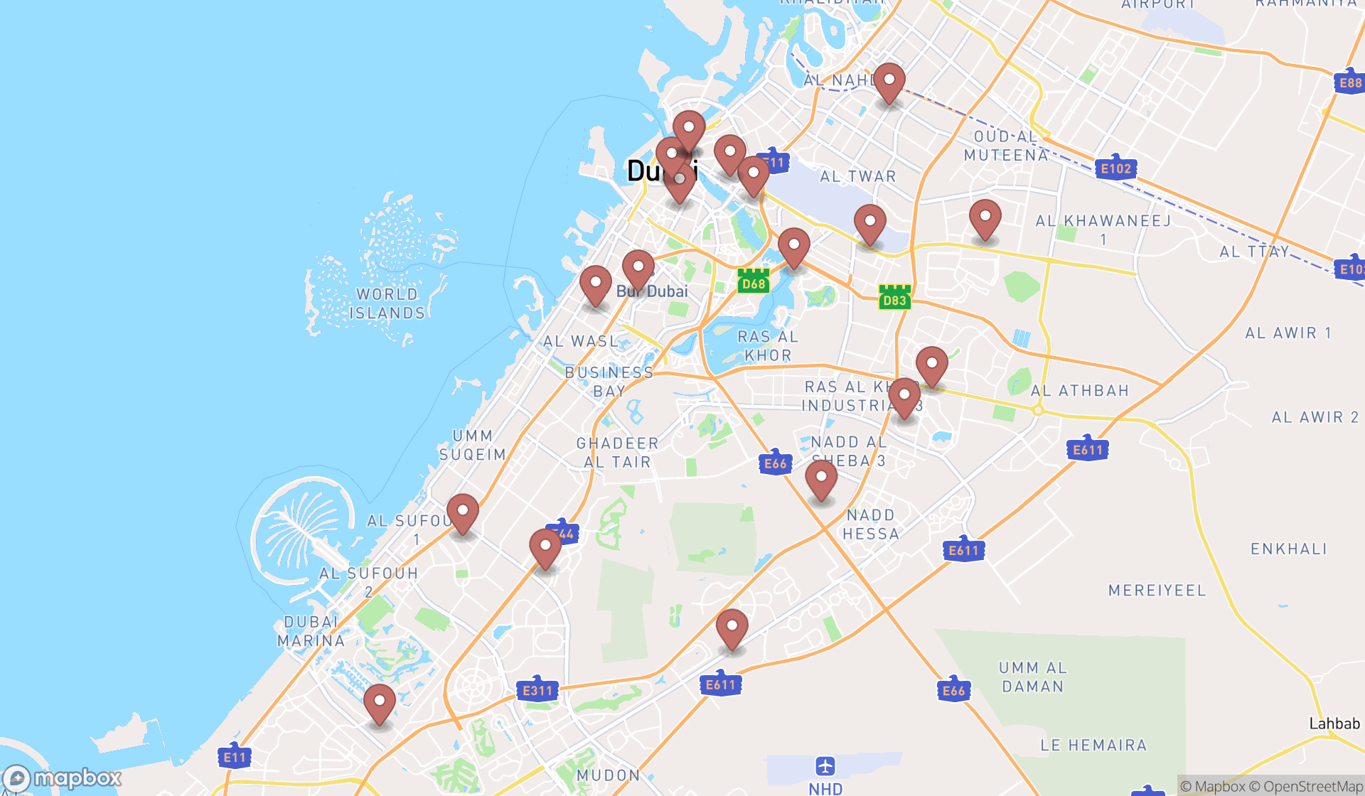 Map showing the search results in Dubai