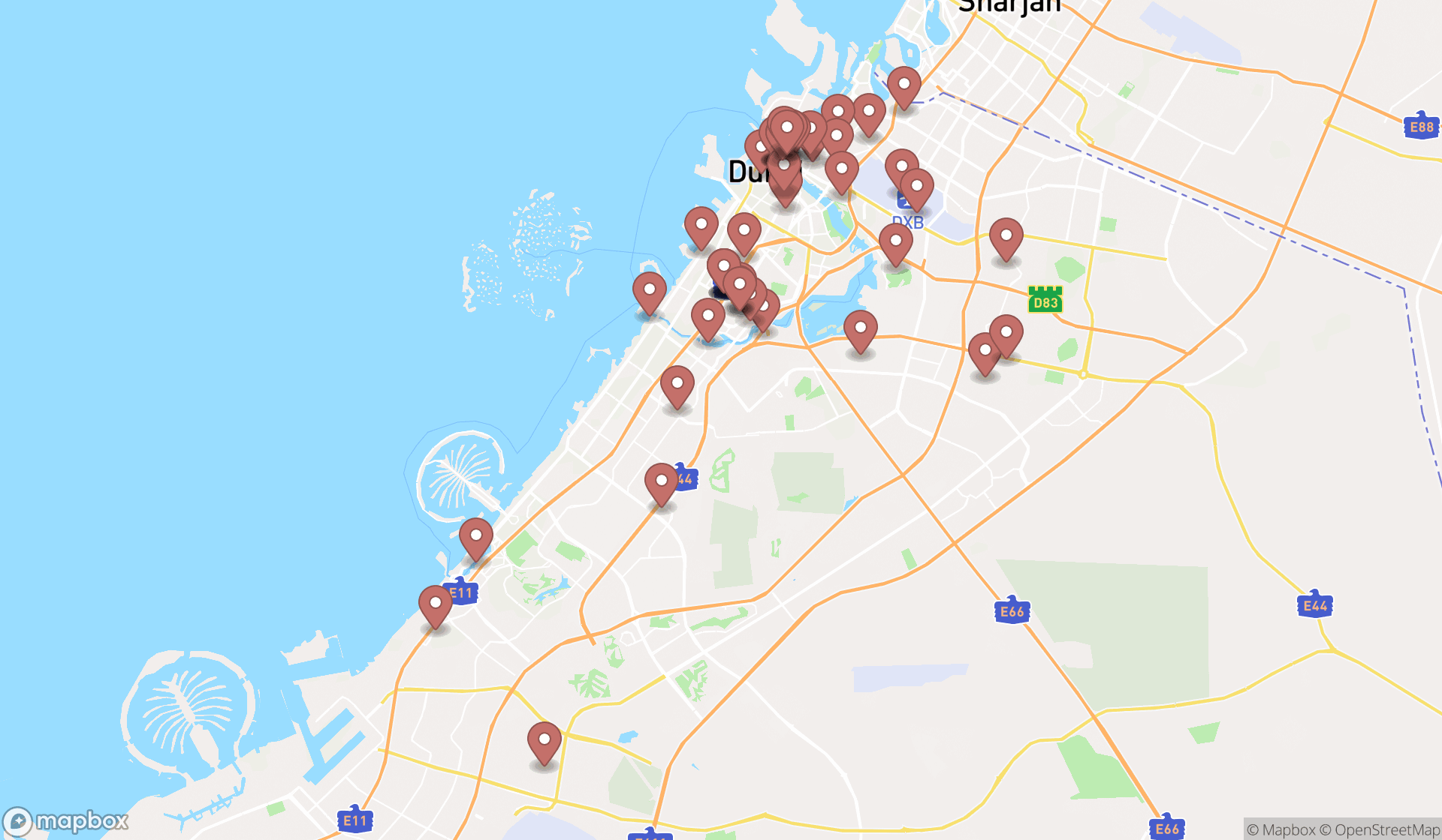 Map showing the search results in Dubai