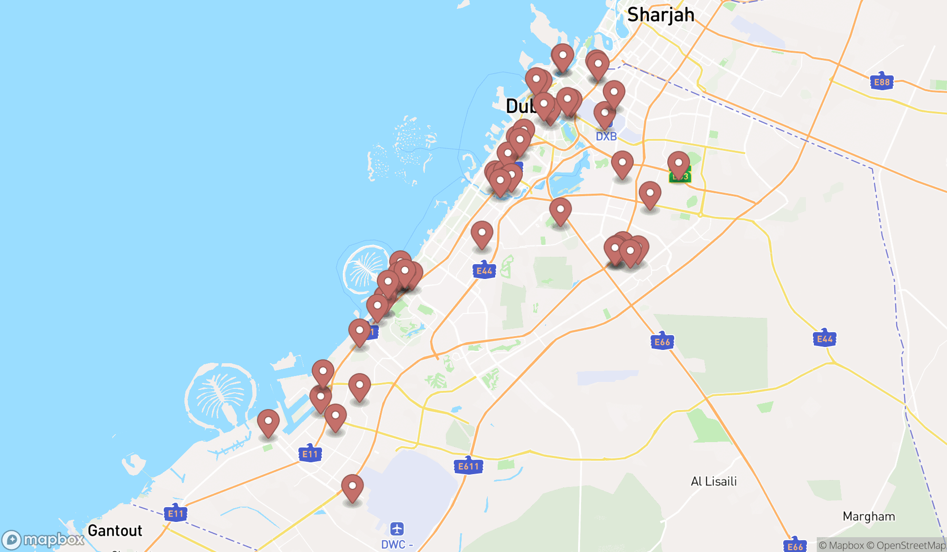 Map showing the search results in Dubai