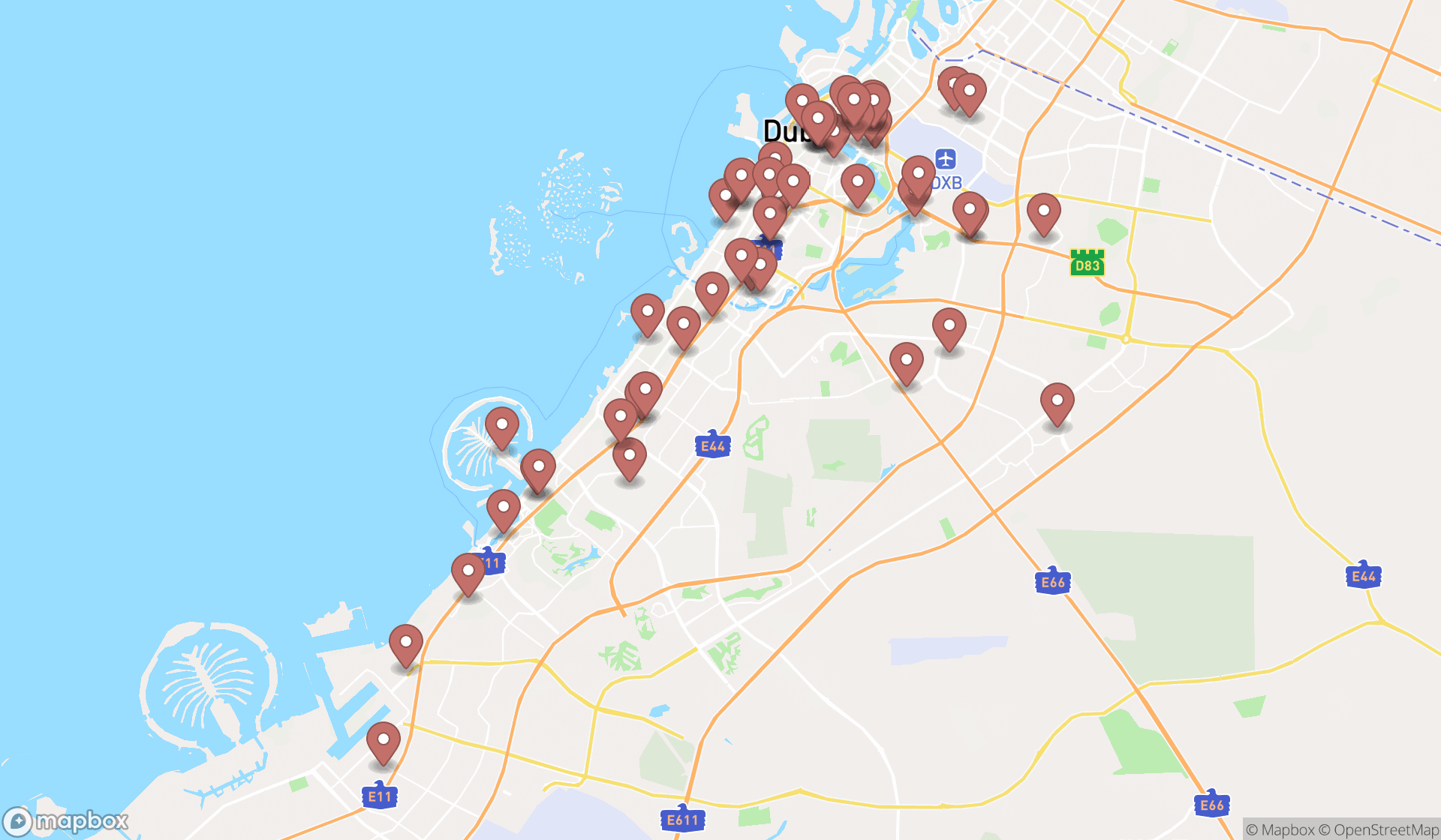 Map showing the search results in Dubai