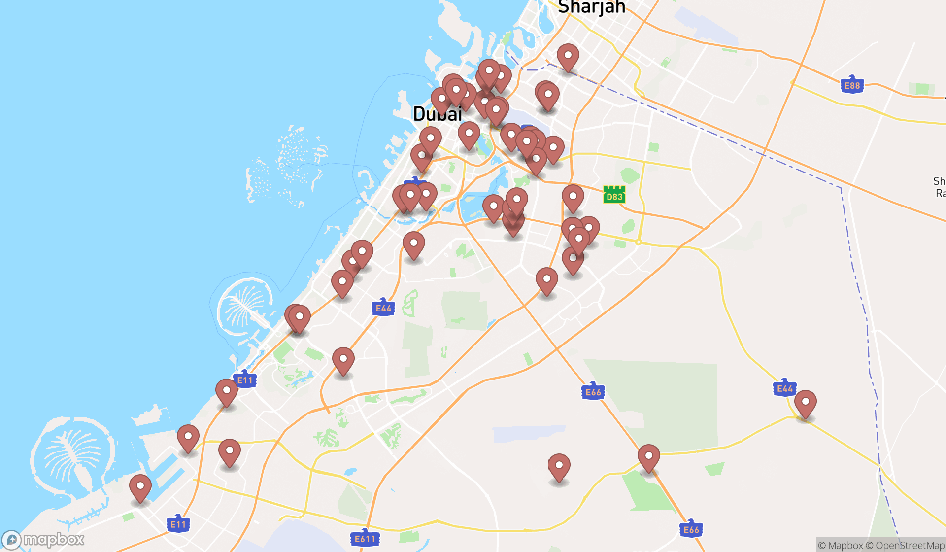 Map showing the search results in Dubai