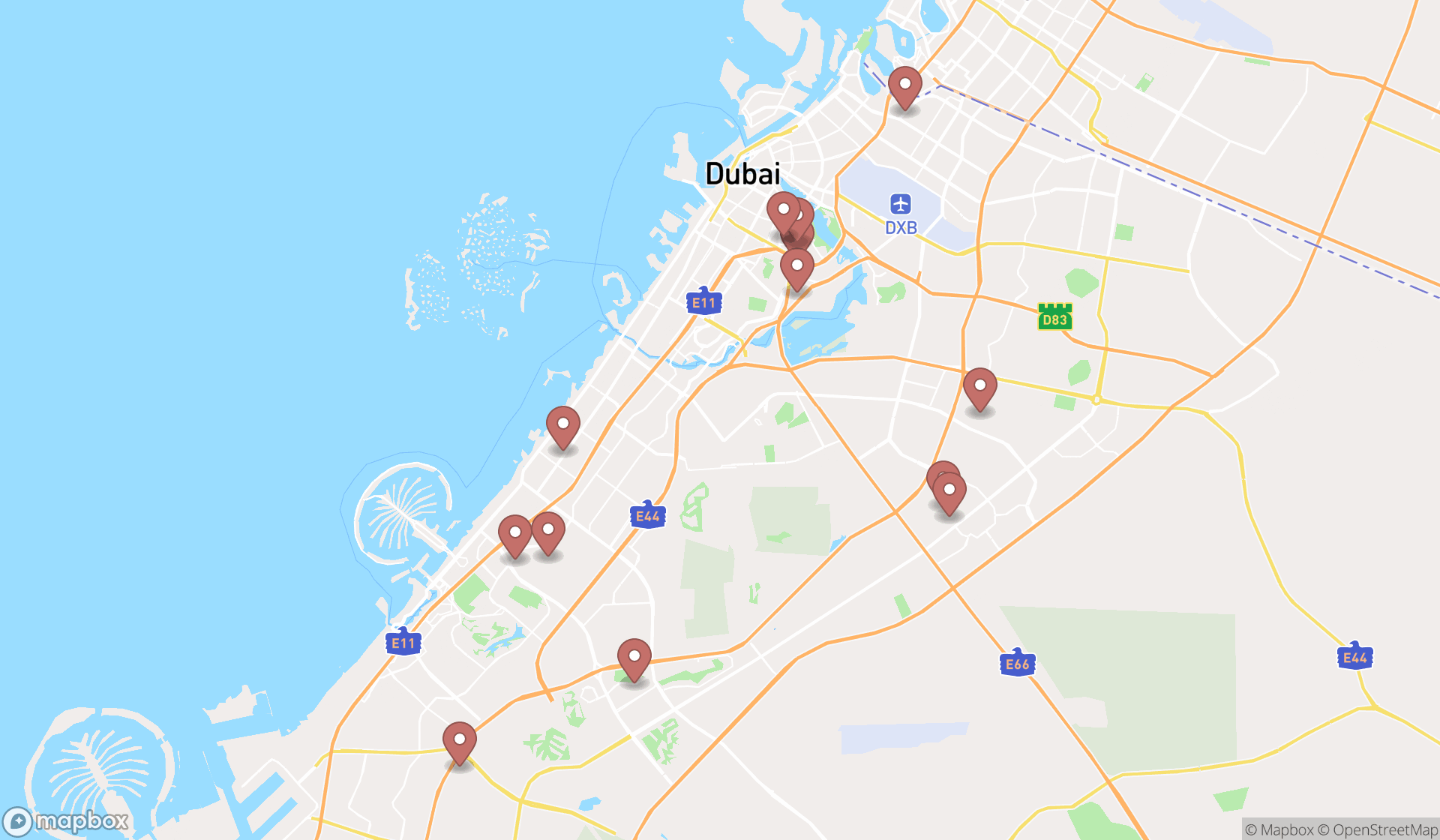 Map showing the search results in Dubai