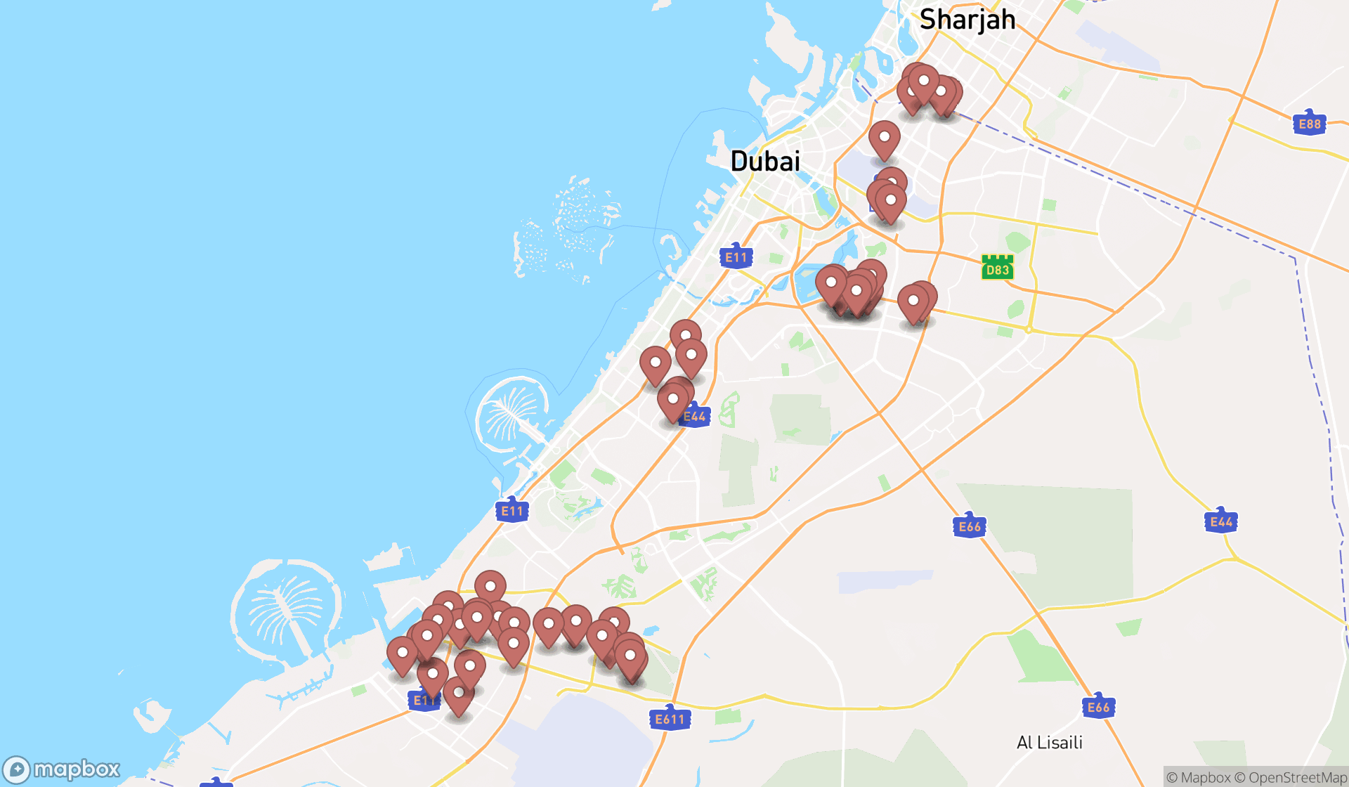 Map showing the search results in Dubai