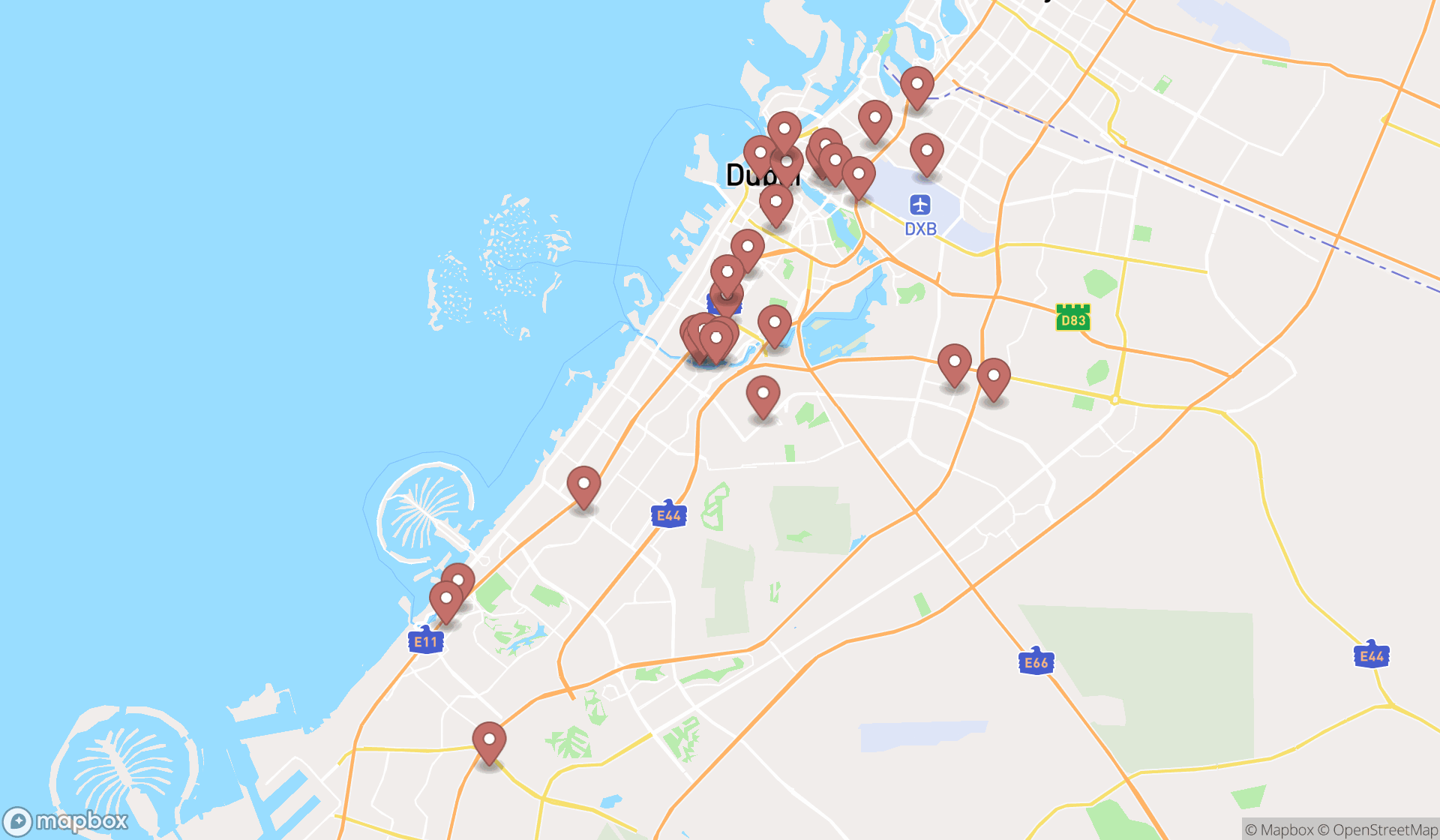 Map showing the search results in Dubai